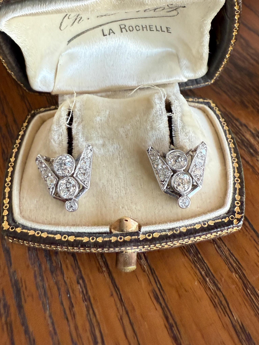 GEOMETRIC Art Deco 1 Carat Old Mine Cut Diamond 18k White Gold Stud Vintage Earrings Architectural Triangle Bezel Set Milgrain Studs