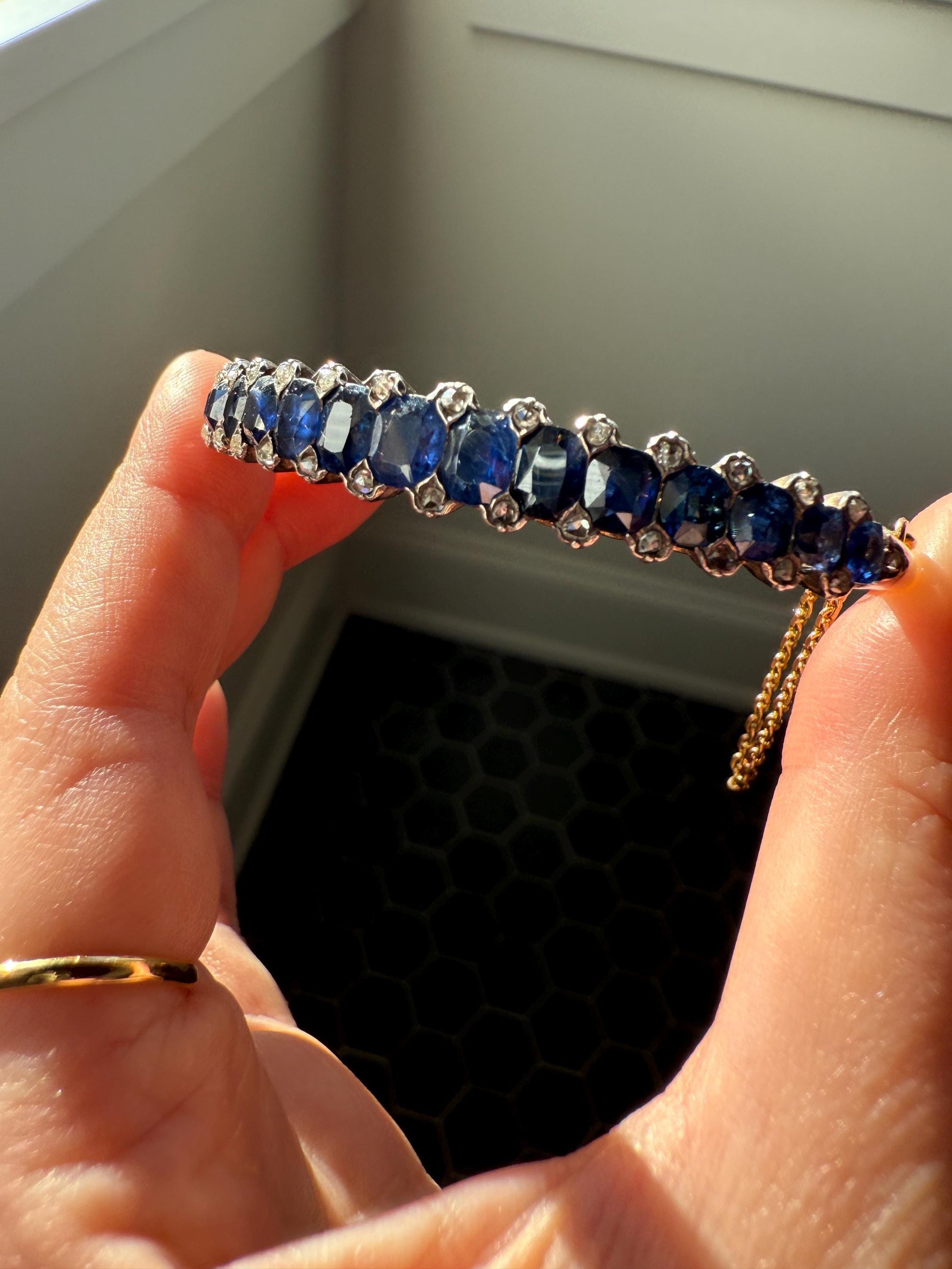 Antique 7 CARAT Natural SAPPHIRE Encrusted Hinged Bangle Bracelet 18k Gold Silver Rose Cut Spacers Gemset Prong Victorian Wriststack