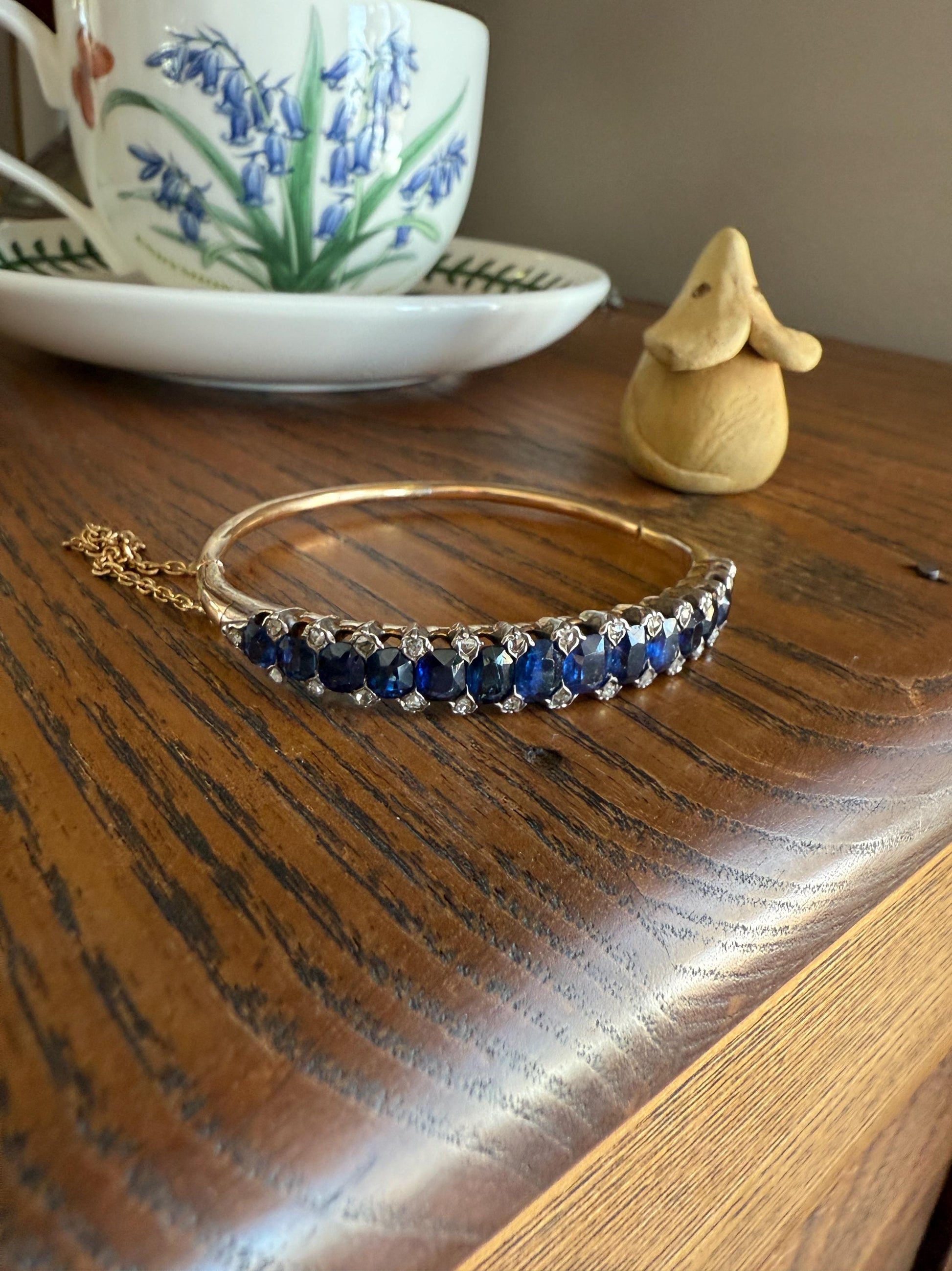 Antique 7 CARAT Natural SAPPHIRE Encrusted Hinged Bangle Bracelet 18k Gold Silver Rose Cut Spacers Gemset Prong Victorian Wriststack