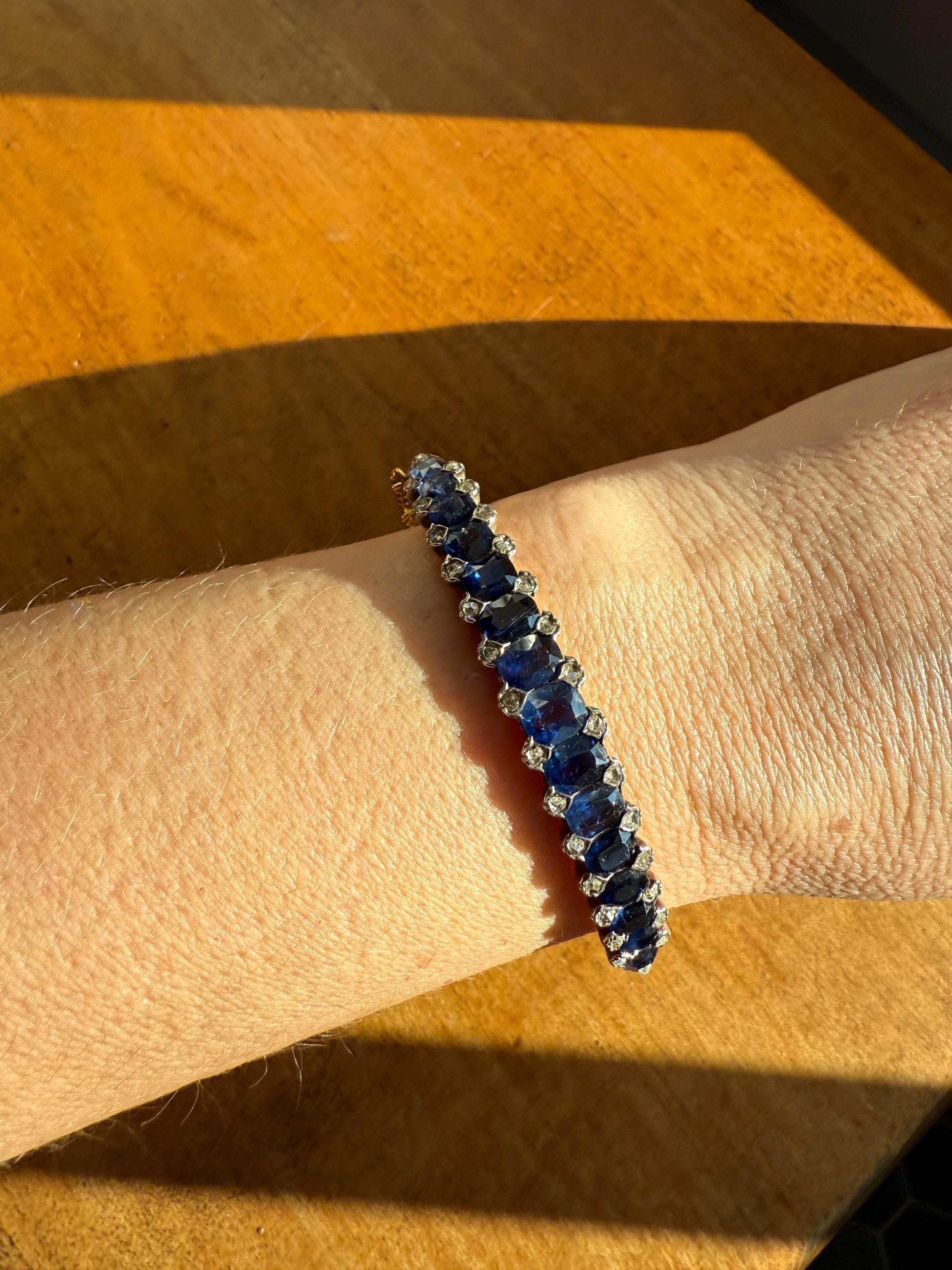 Antique 7 CARAT Natural SAPPHIRE Encrusted Hinged Bangle Bracelet 18k Gold Silver Rose Cut Spacers Gemset Prong Victorian Wriststack