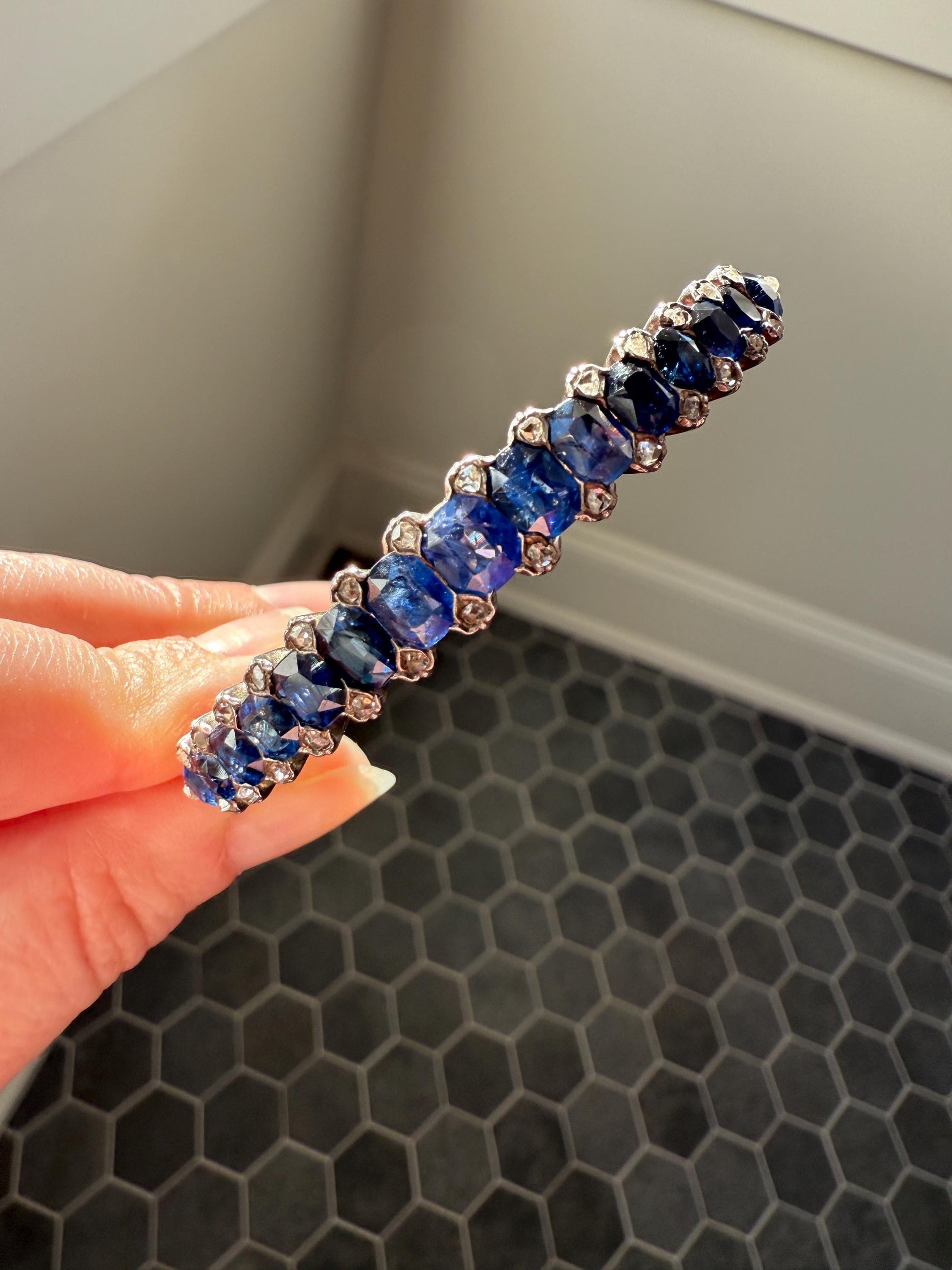 Antique 7 CARAT Natural SAPPHIRE Encrusted Hinged Bangle Bracelet 18k Gold Silver Rose Cut Spacers Gemset Prong Victorian Wriststack