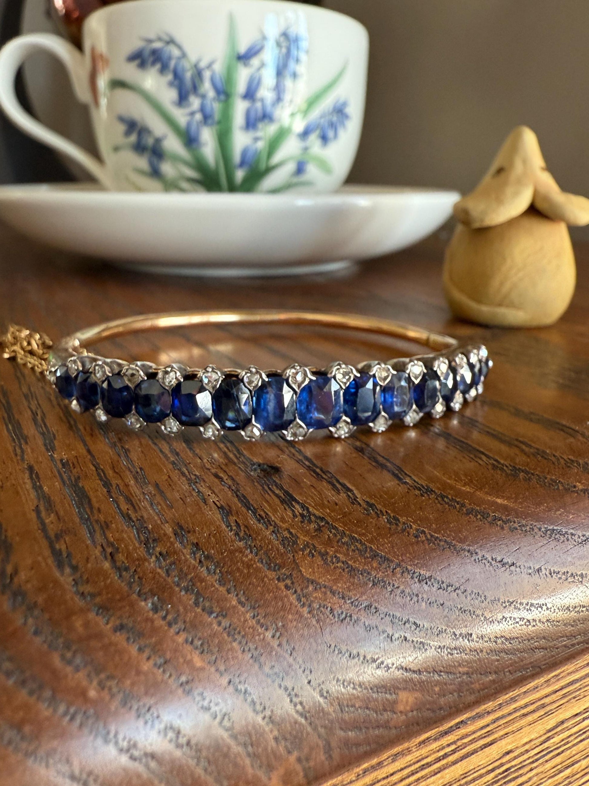 Antique 7 CARAT Natural SAPPHIRE Encrusted Hinged Bangle Bracelet 18k Gold Silver Rose Cut Spacers Gemset Prong Victorian Wriststack