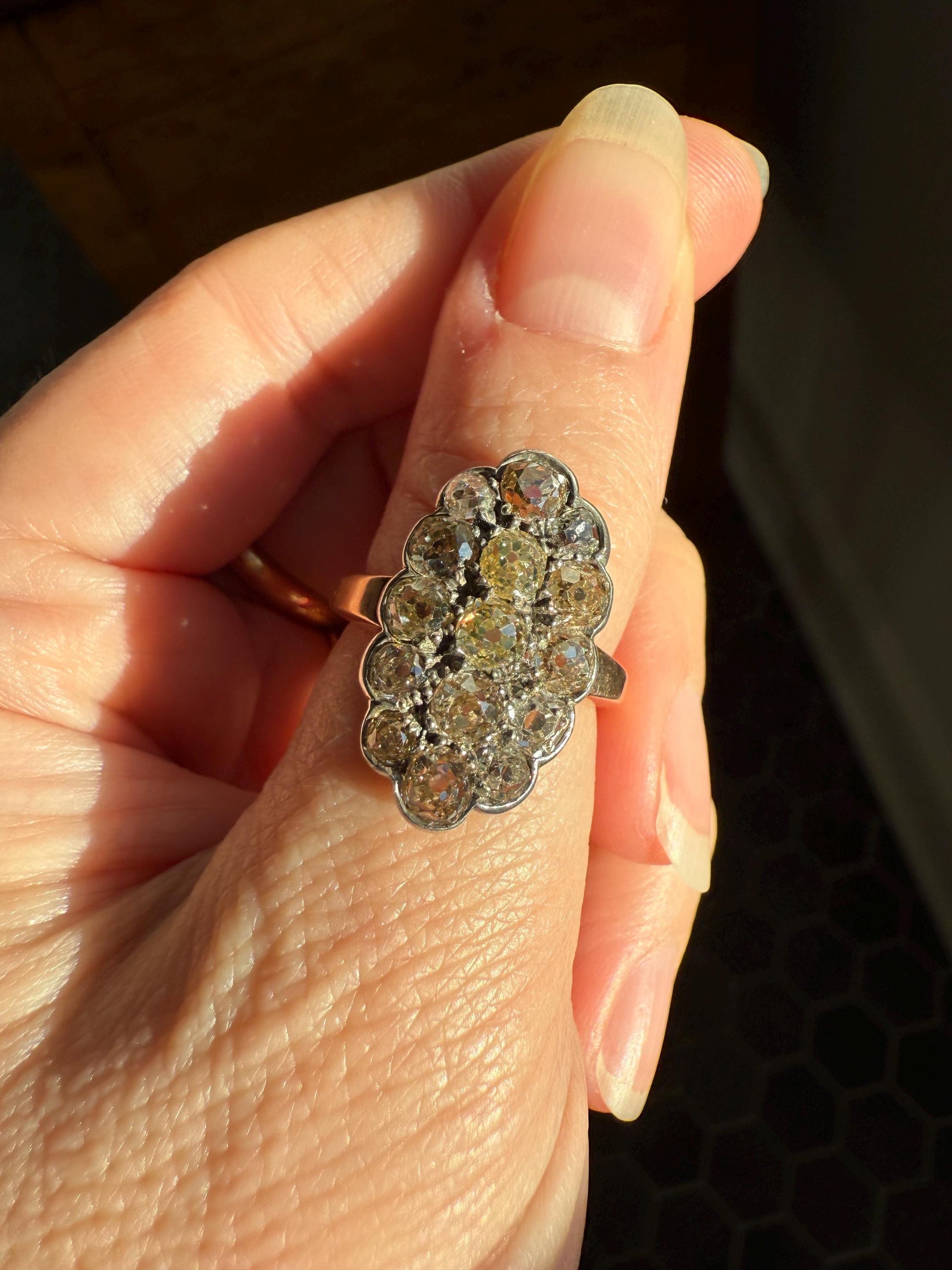 Antique 3 Carats Old Mine Cut DIAMOND Scalloped Oval Navette Ring Champagne Fancy Light Brown Green Yellow Cluster 18k Gold Silver OMC
