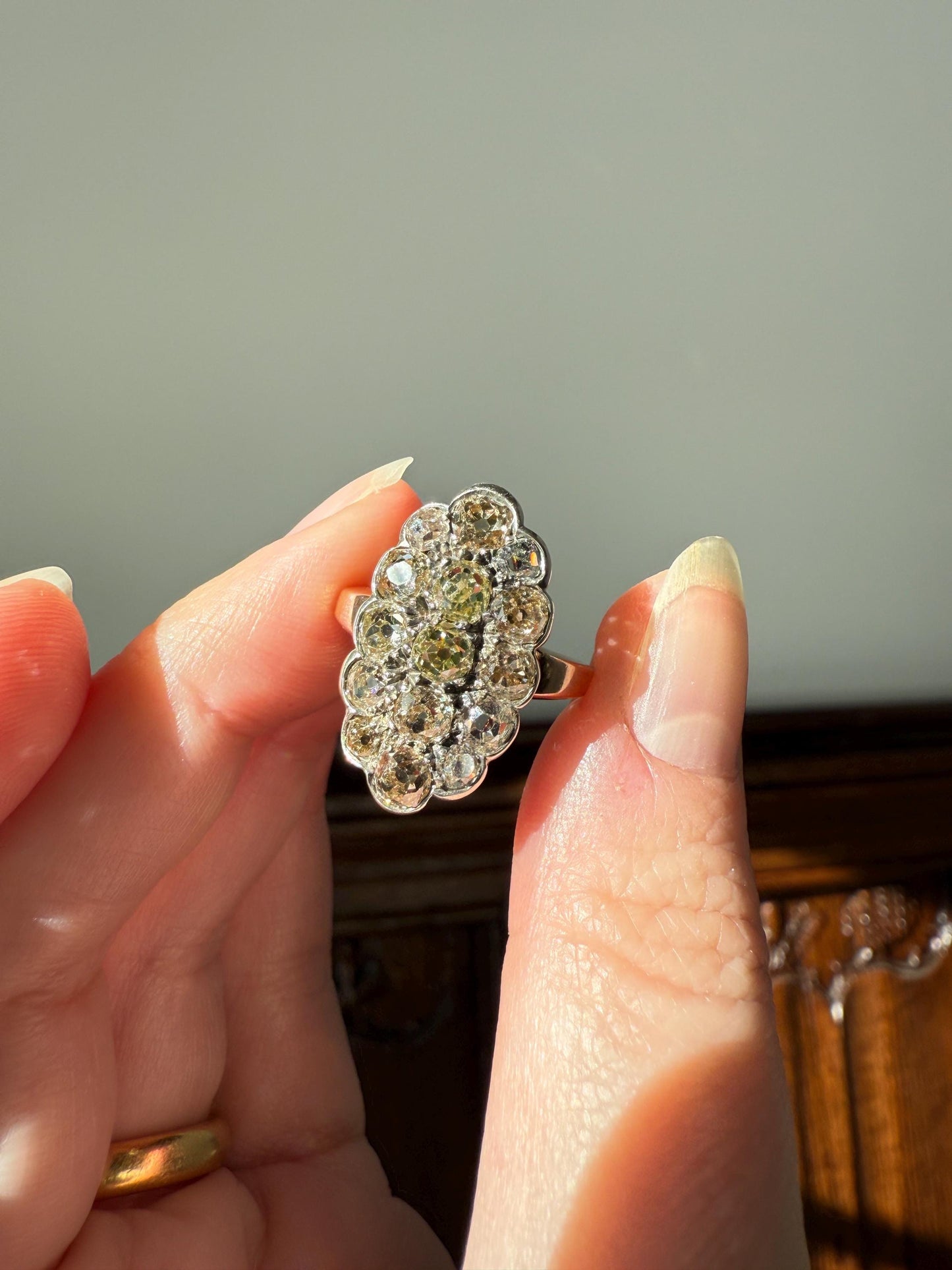 Antique 3 Carats Old Mine Cut DIAMOND Scalloped Oval Navette Ring Champagne Fancy Light Brown Green Yellow Cluster 18k Gold Silver OMC