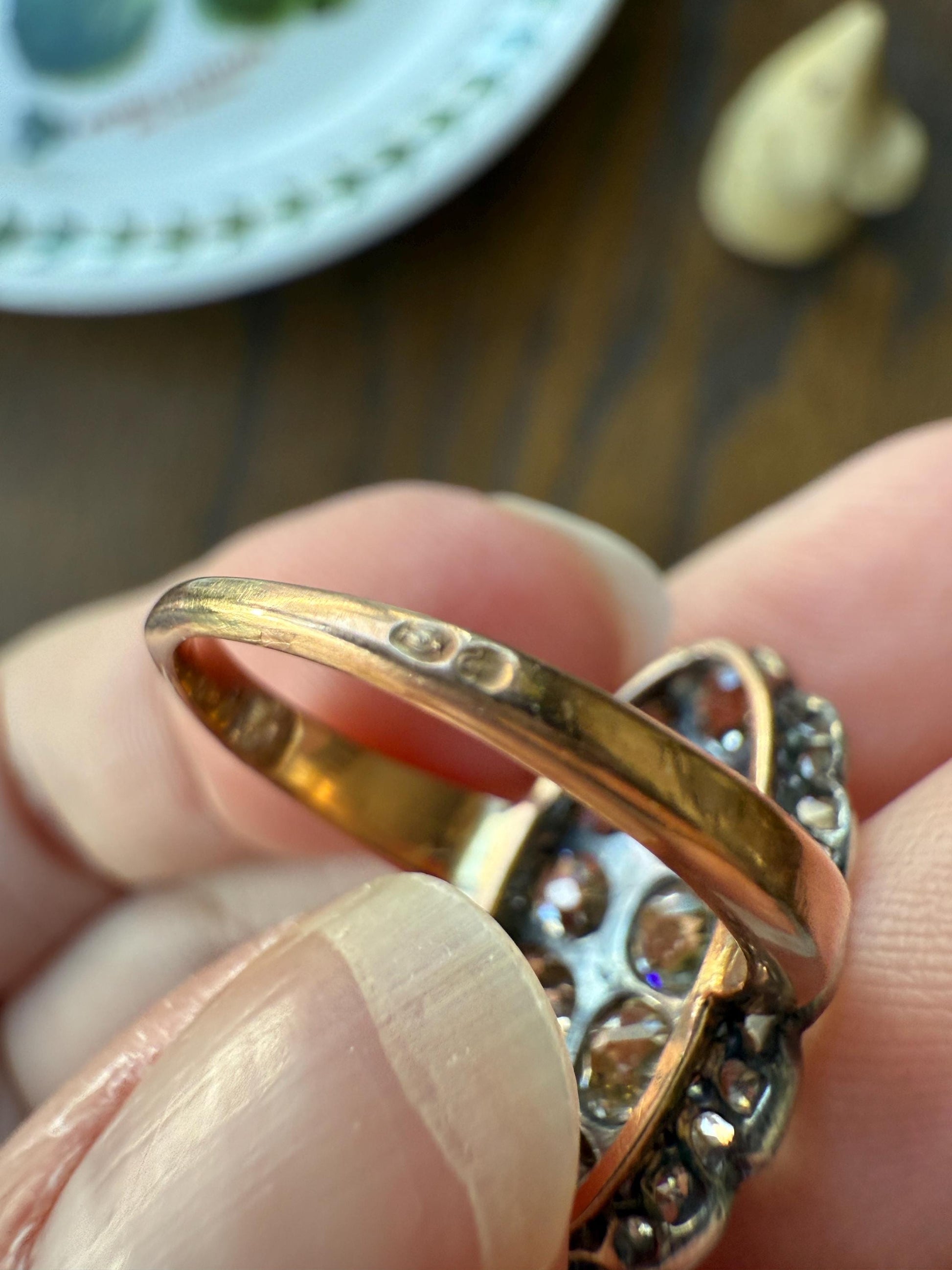 Antique 3 Carats Old Mine Cut DIAMOND Scalloped Oval Navette Ring Champagne Fancy Light Brown Green Yellow Cluster 18k Gold Silver OMC