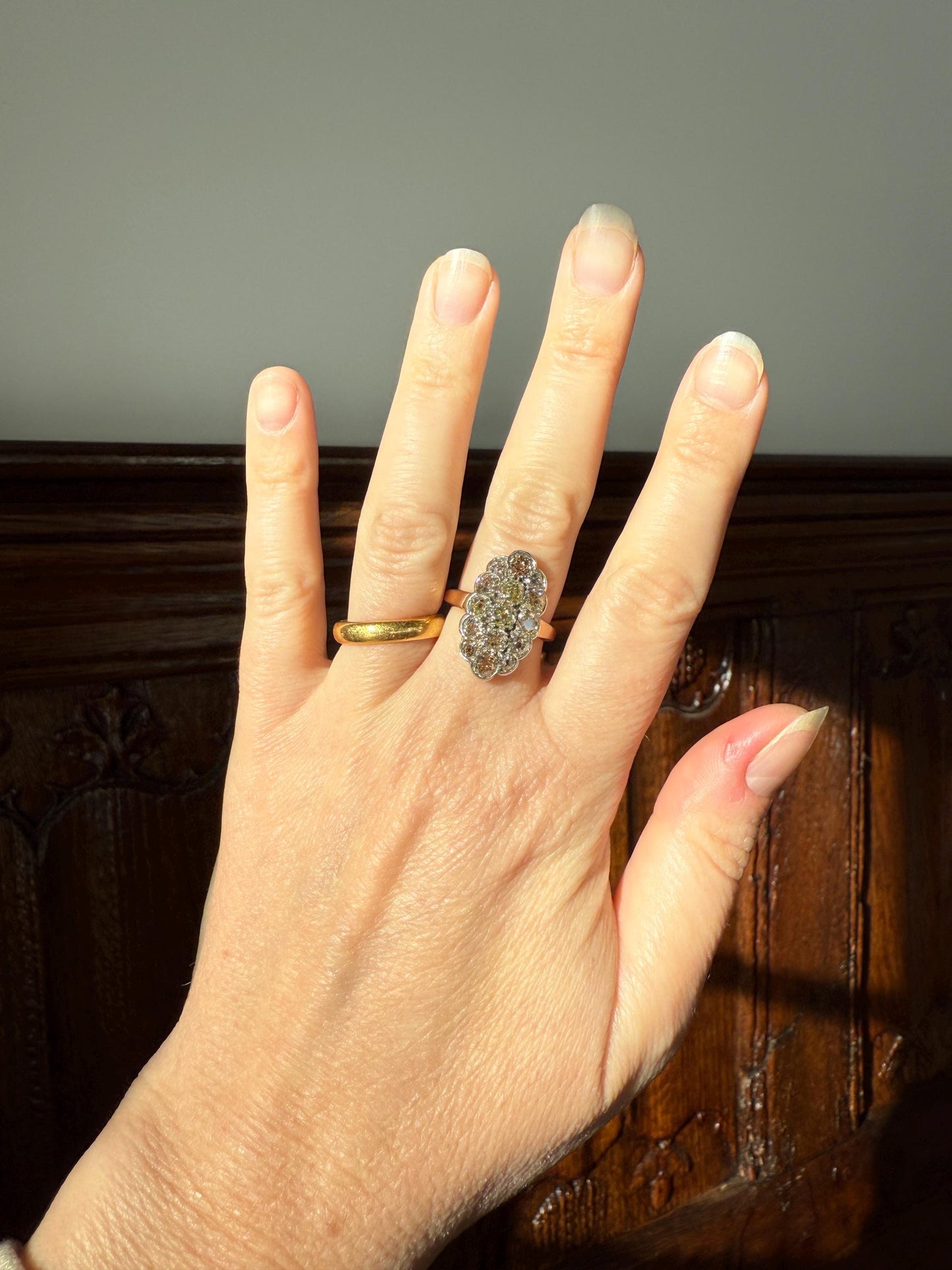 Antique 3 Carats Old Mine Cut DIAMOND Scalloped Oval Navette Ring Champagne Fancy Light Brown Green Yellow Cluster 18k Gold Silver OMC