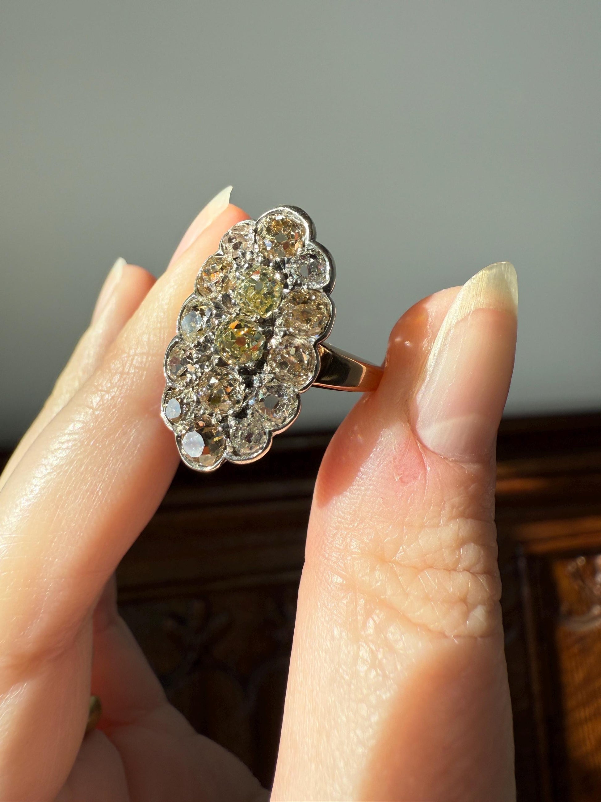 Antique 3 Carats Old Mine Cut DIAMOND Scalloped Oval Navette Ring Champagne Fancy Light Brown Green Yellow Cluster 18k Gold Silver OMC