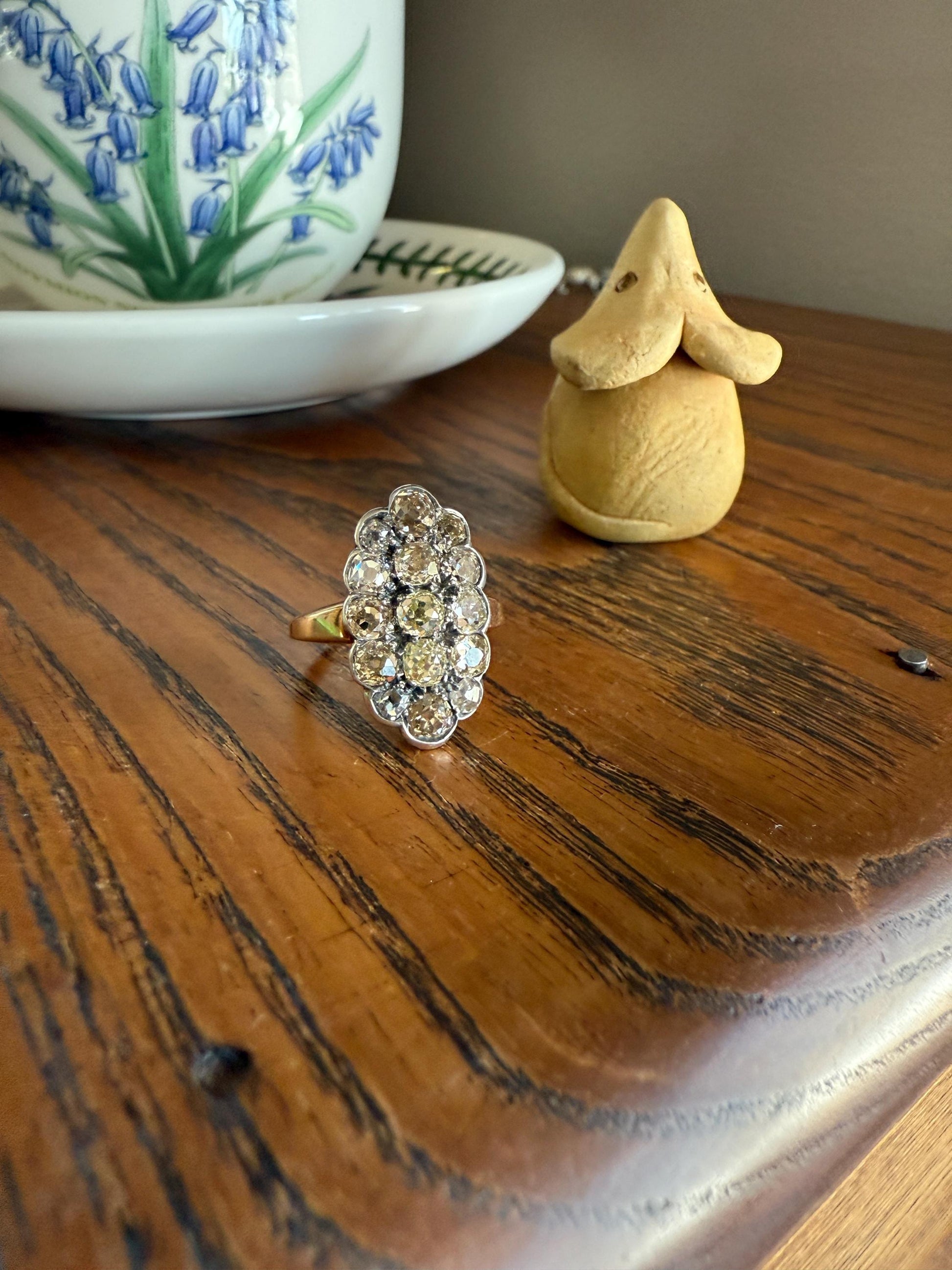 Antique 3 Carats Old Mine Cut DIAMOND Scalloped Oval Navette Ring Champagne Fancy Light Brown Green Yellow Cluster 18k Gold Silver OMC