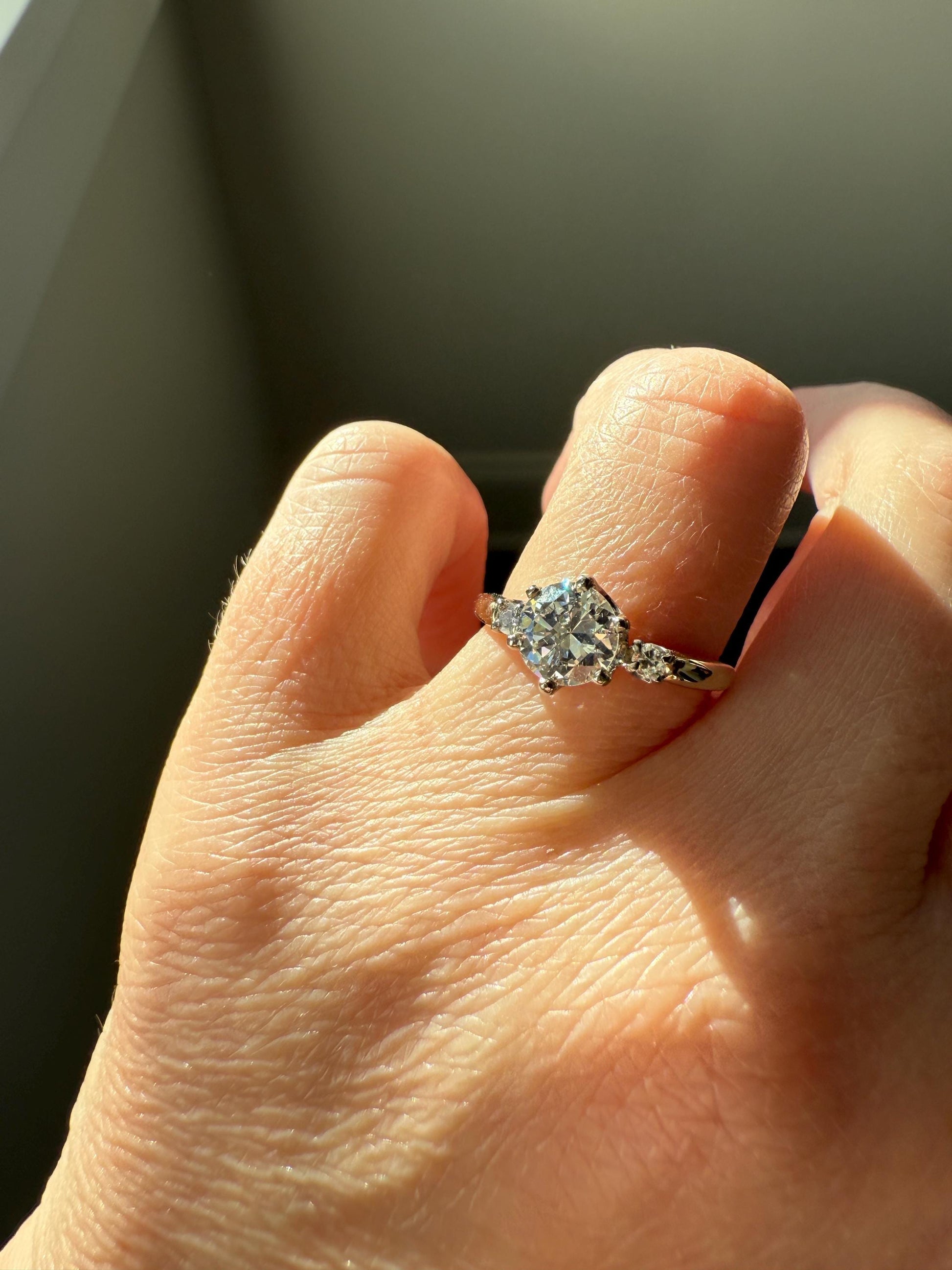 Vintage One CARAT Transitional Cut DIAMOND Eye Clean Solitaire Engagement Ring w/ accents 18k Gold Fiery Stacker