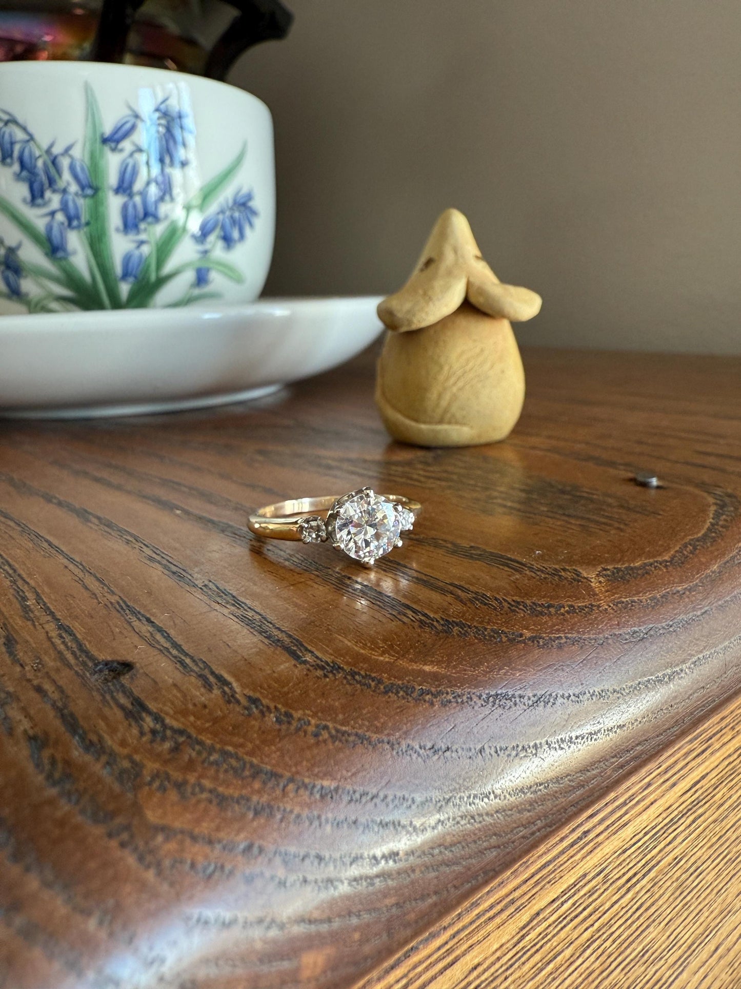 Vintage One CARAT Transitional Cut DIAMOND Eye Clean Solitaire Engagement Ring w/ accents 18k Gold Fiery Stacker