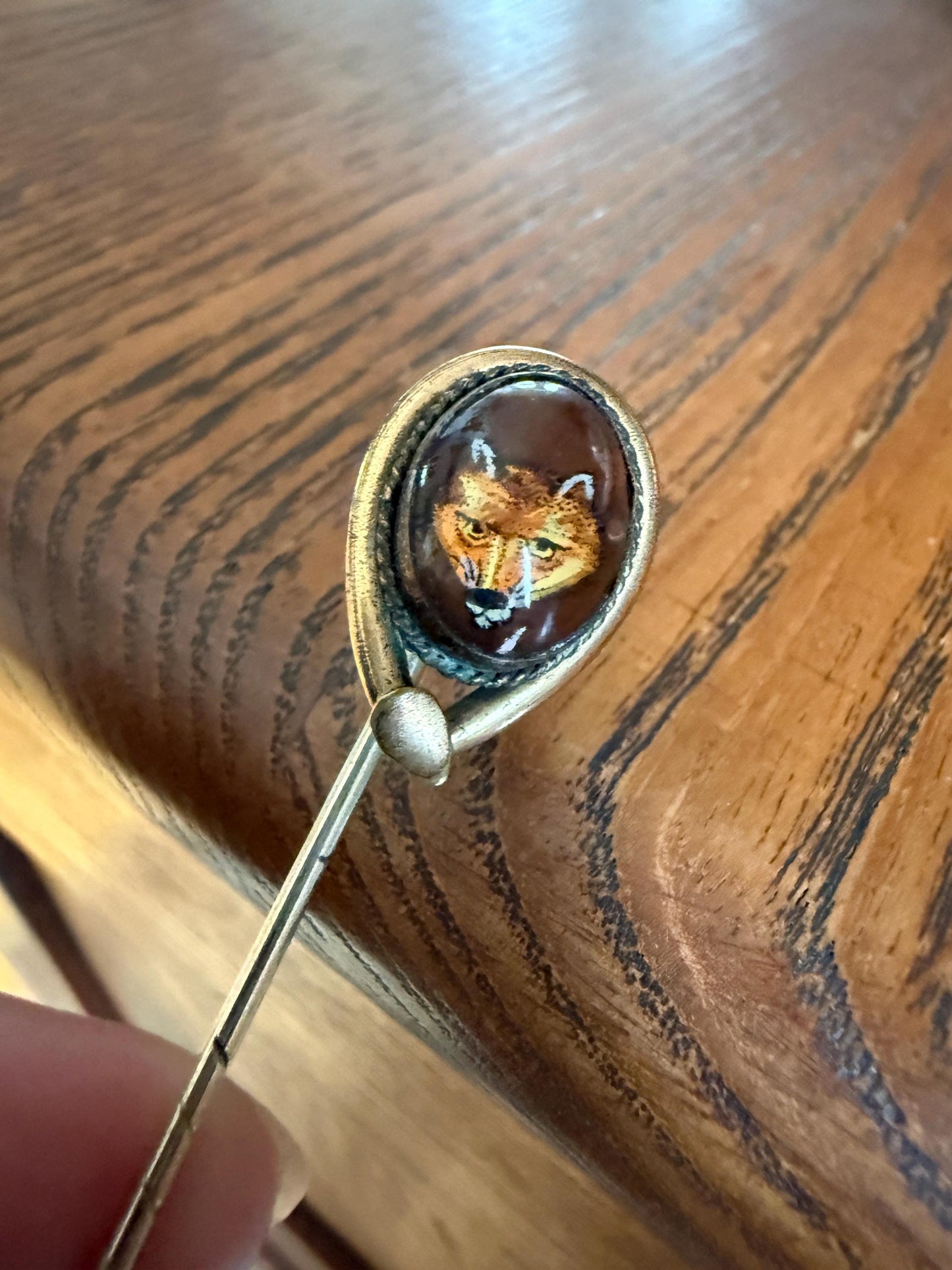 FOX Antique Hand Painted Gold Fill Stick Pin Essex Crystal Brooch Figural Animal Jewelry