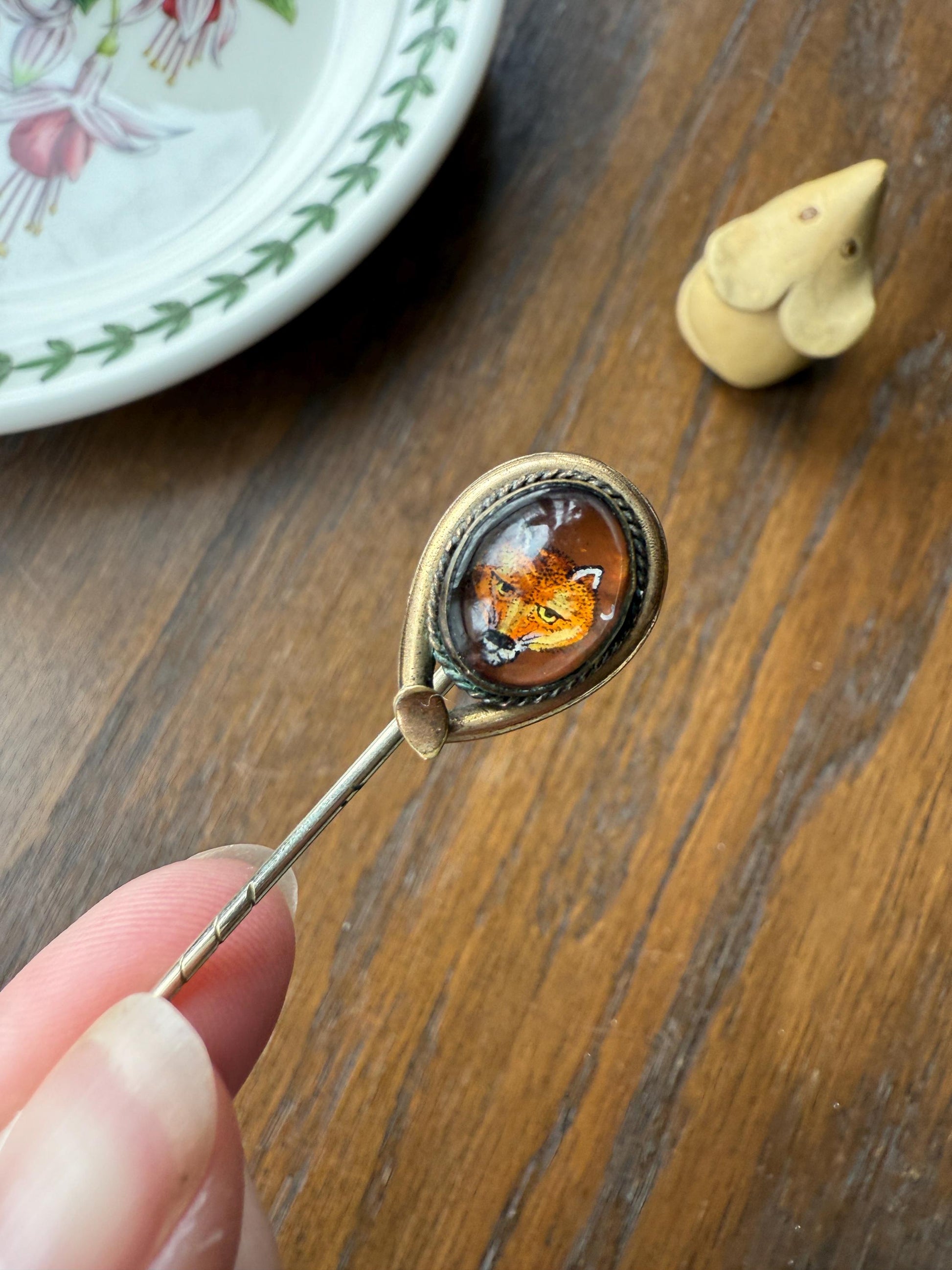 FOX Antique Hand Painted Gold Fill Stick Pin Essex Crystal Brooch Figural Animal Jewelry