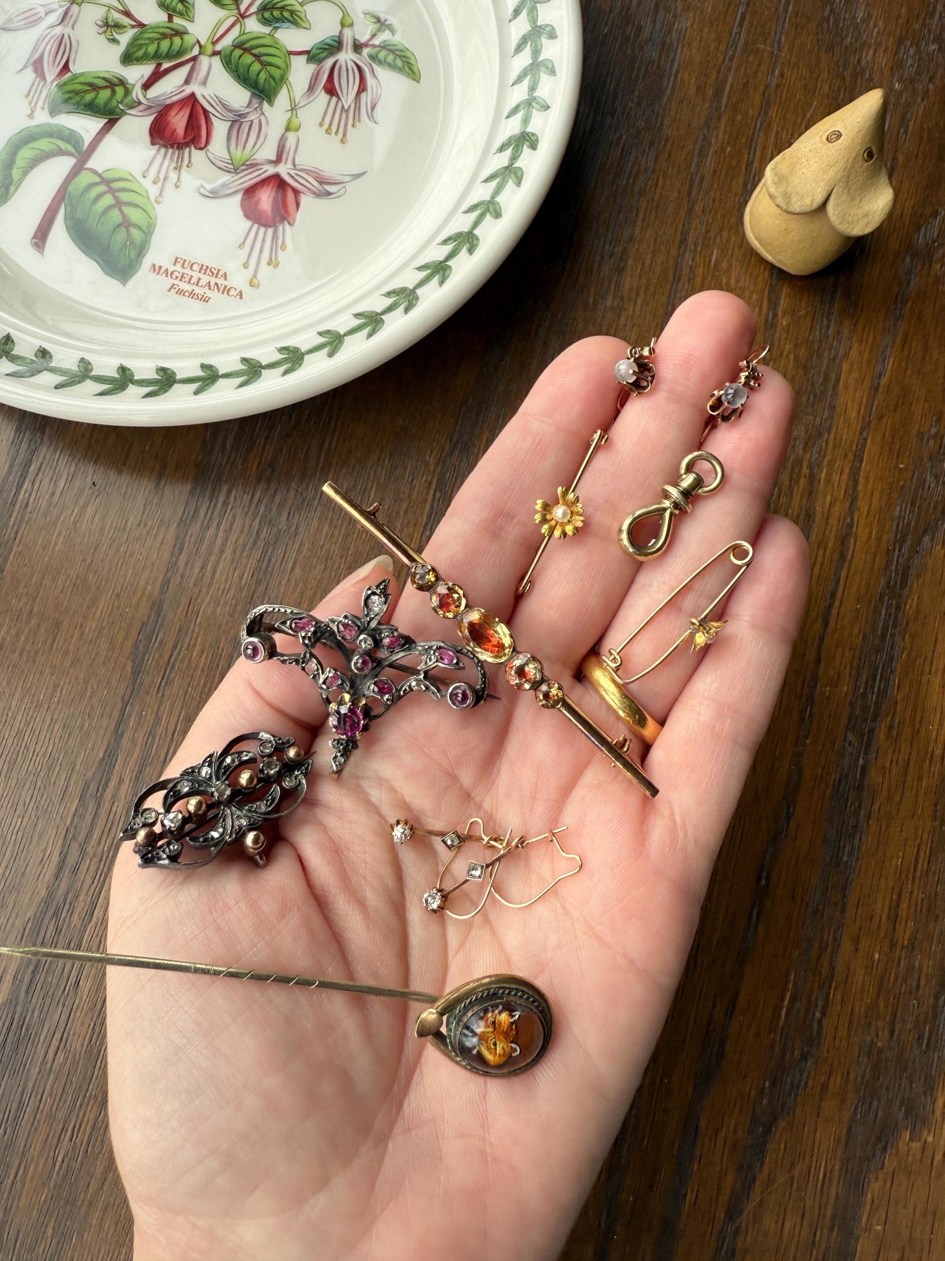 Ornate Antique Floral Ruby Garnet Rose Cut Diamond Brooch Pendant Holder Hook Extender Connector Solid Silver 18k Gold French Victorian