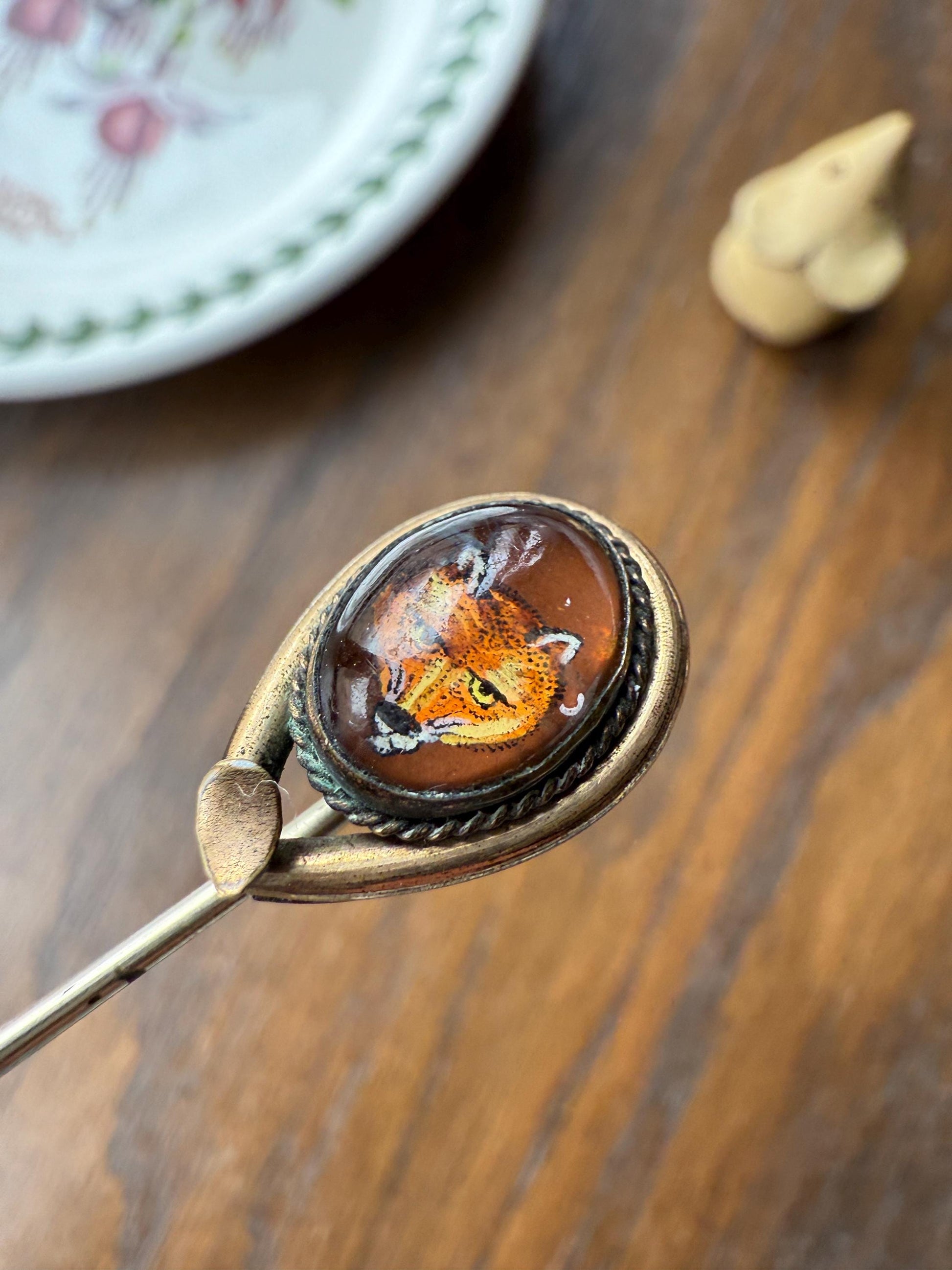 FOX Antique Hand Painted Gold Fill Stick Pin Essex Crystal Brooch Figural Animal Jewelry