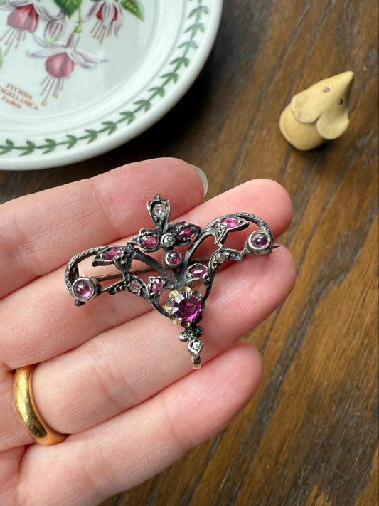 Ornate Antique Floral Ruby Garnet Rose Cut Diamond Brooch Pendant Holder Hook Extender Connector Solid Silver 18k Gold French Victorian