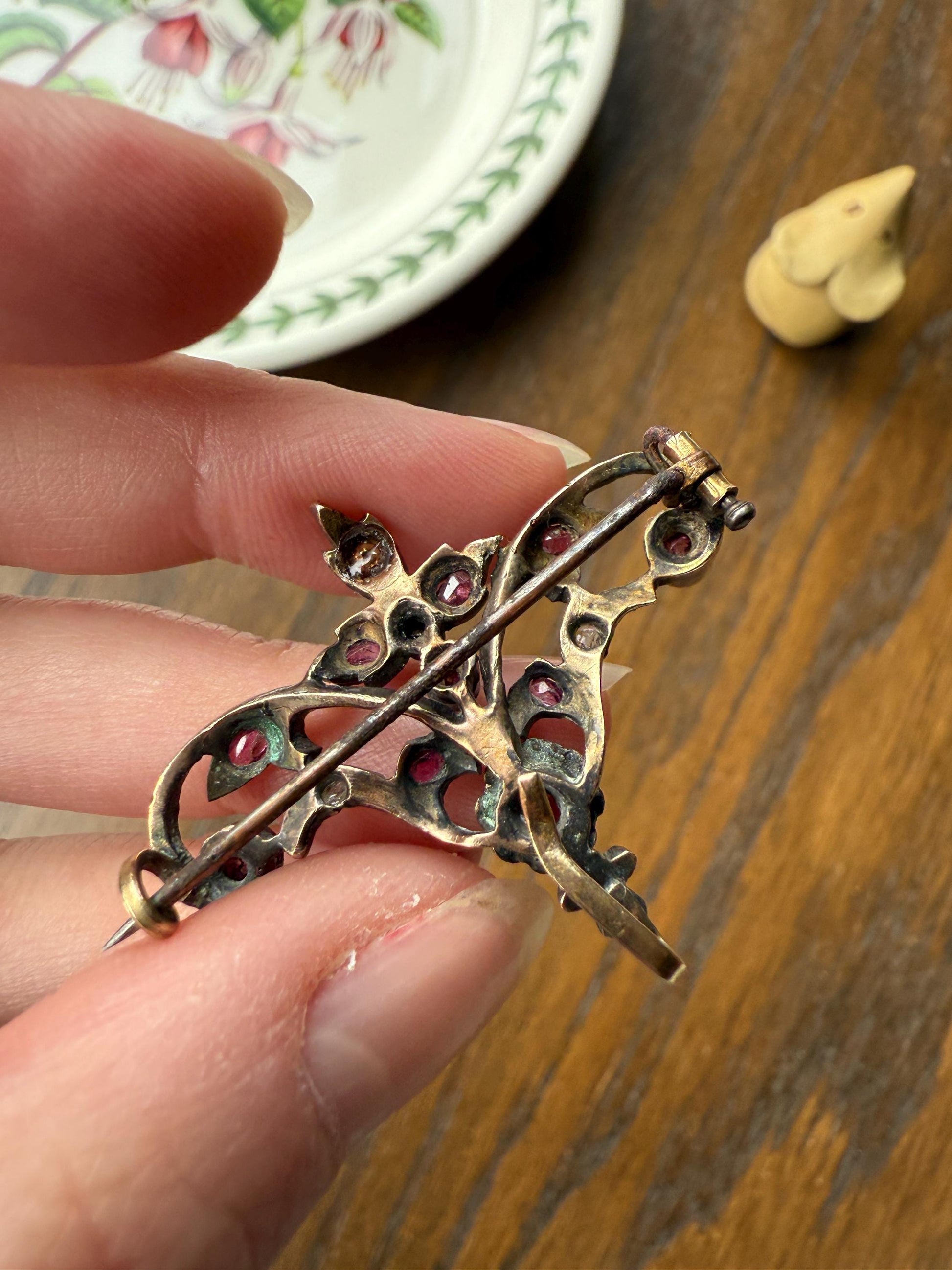 Ornate Antique Floral Ruby Garnet Rose Cut Diamond Brooch Pendant Holder Hook Extender Connector Solid Silver 18k Gold French Victorian