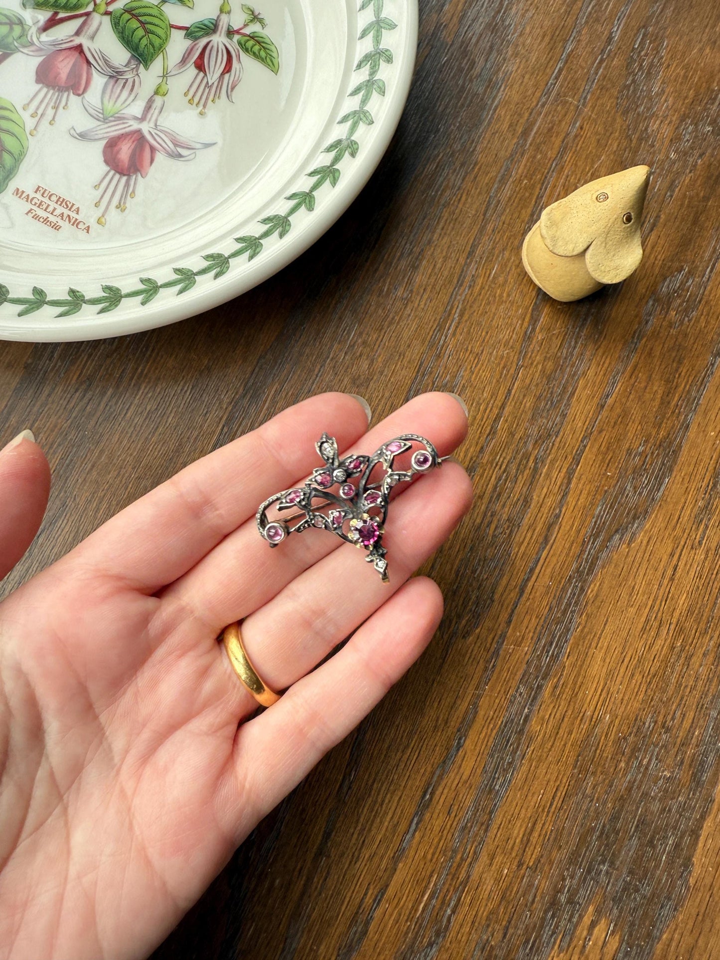 Ornate Antique Floral Ruby Garnet Rose Cut Diamond Brooch Pendant Holder Hook Extender Connector Solid Silver 18k Gold French Victorian