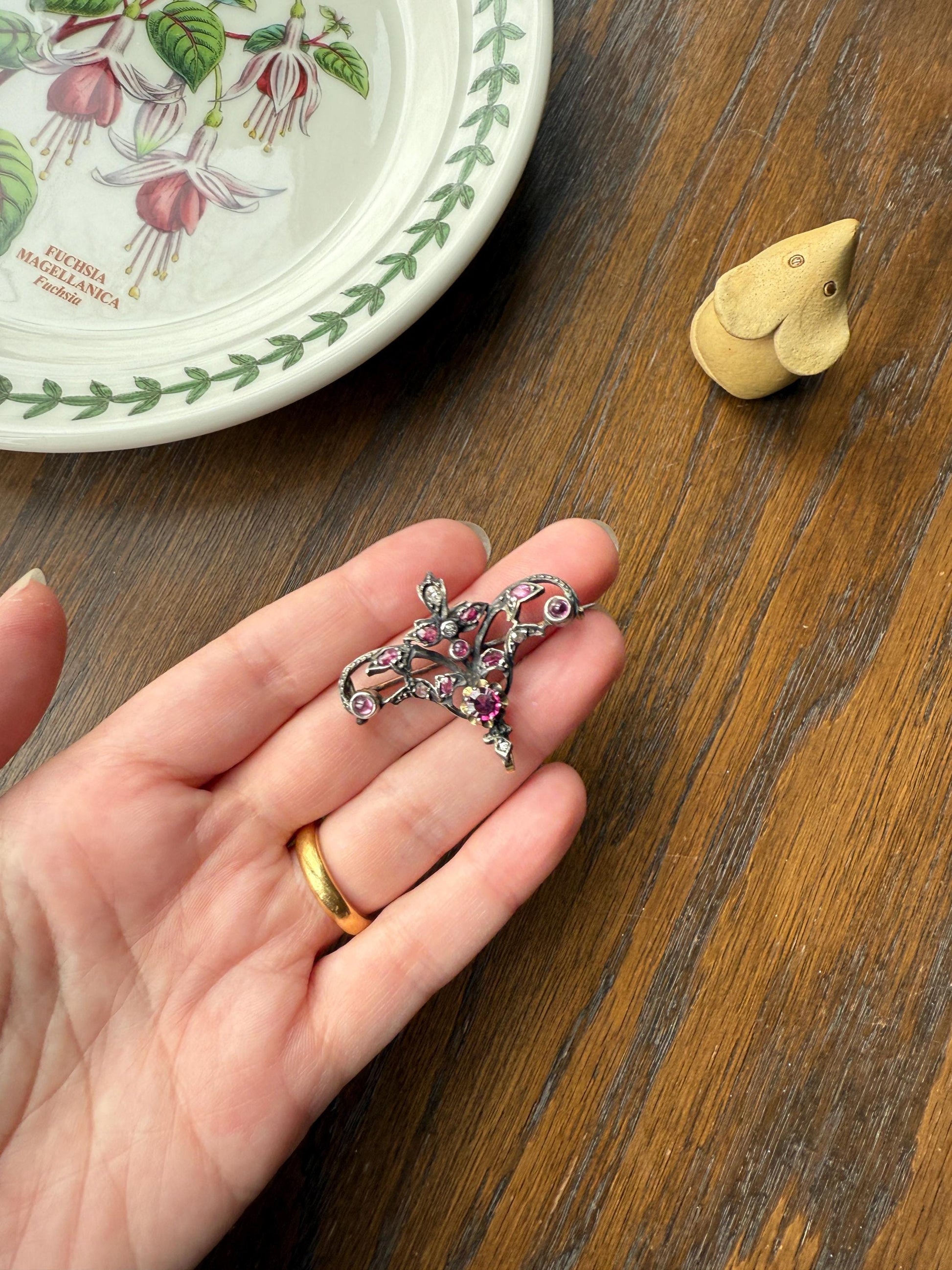 Ornate Antique Floral Ruby Garnet Rose Cut Diamond Brooch Pendant Holder Hook Extender Connector Solid Silver 18k Gold French Victorian