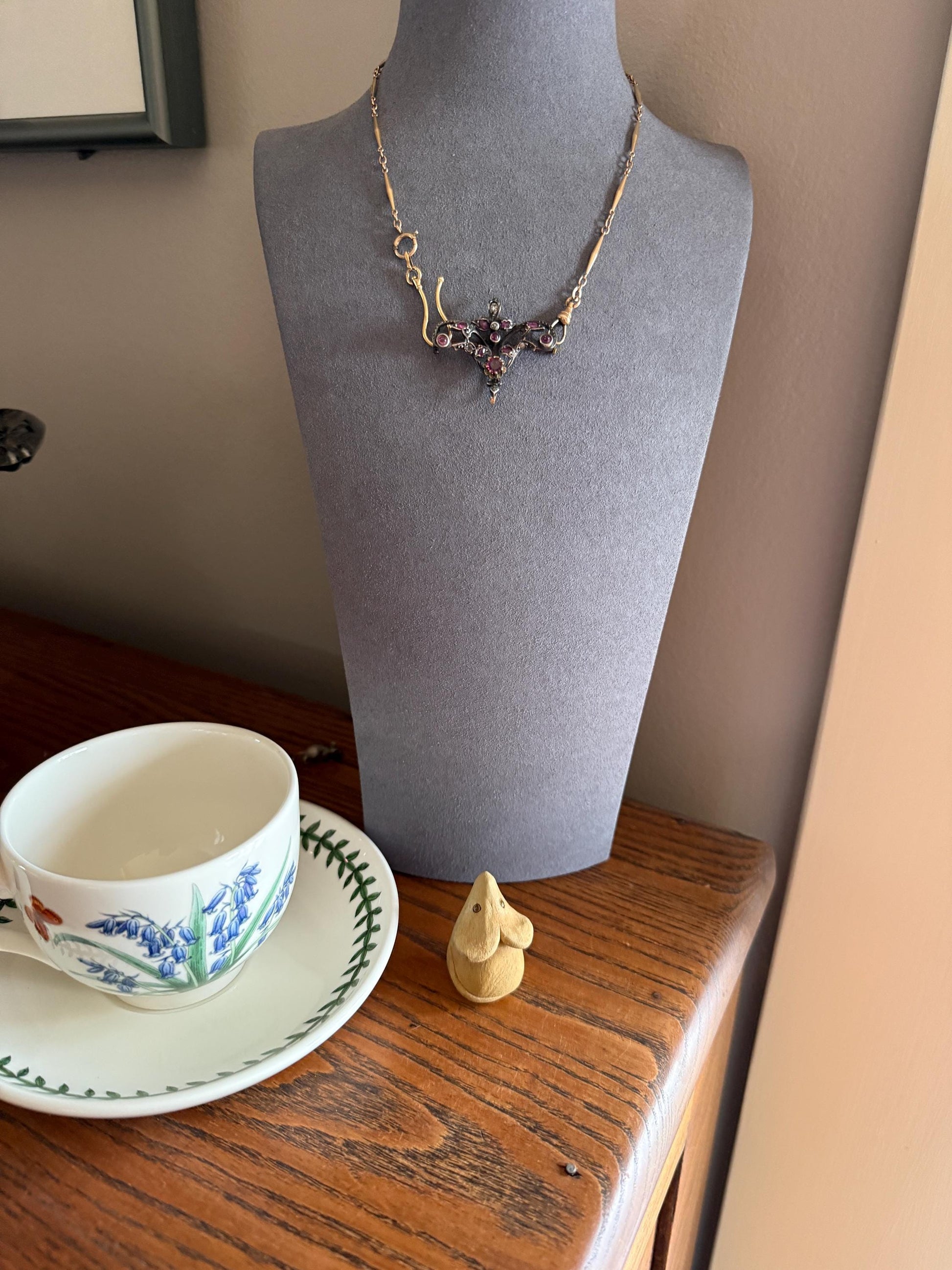 Ornate Antique Floral Ruby Garnet Rose Cut Diamond Brooch Pendant Holder Hook Extender Connector Solid Silver 18k Gold French Victorian