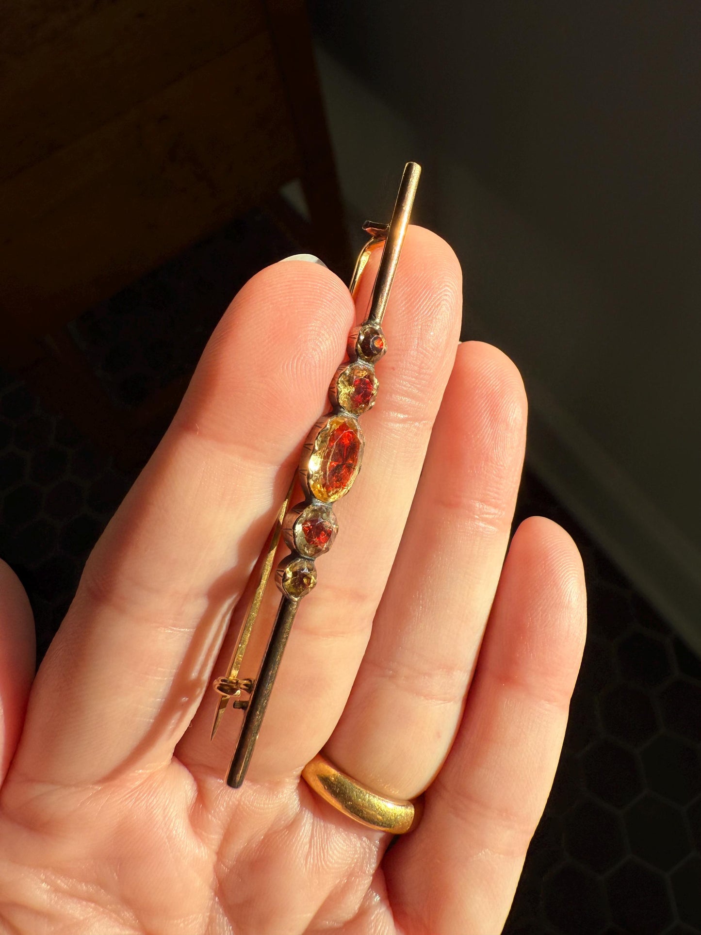 Antique Vinegar and Oil Foiled Citrine Five Stone Bar Line Brooch for Pendant Conversion Extender French Victorian 18k Gold Oval Geometric