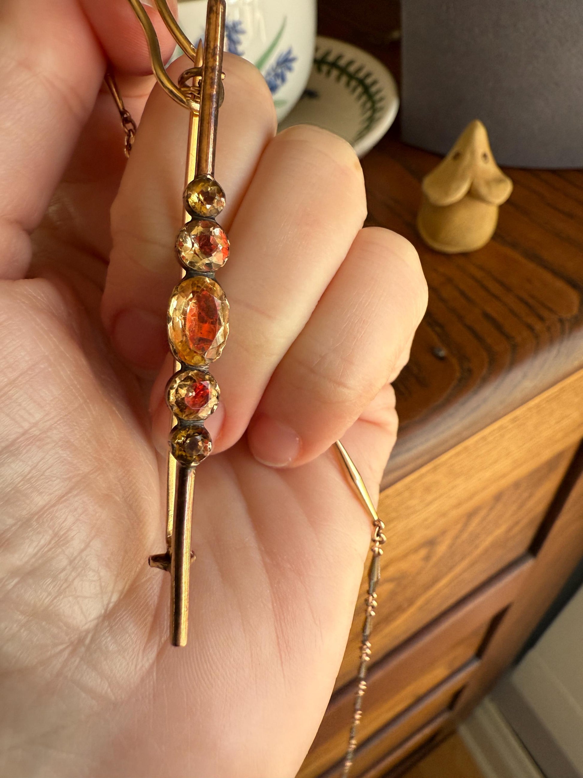 Antique Vinegar and Oil Foiled Citrine Five Stone Bar Line Brooch for Pendant Conversion Extender French Victorian 18k Gold Oval Geometric