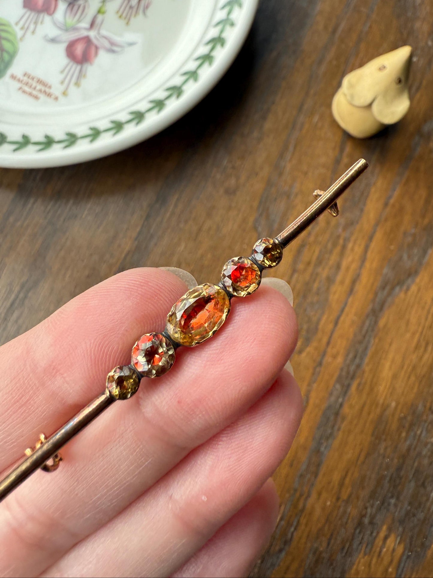 Antique Vinegar and Oil Foiled Citrine Five Stone Bar Line Brooch for Pendant Conversion Extender French Victorian 18k Gold Oval Geometric