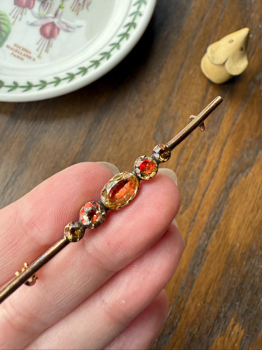Antique Vinegar and Oil Foiled Citrine Five Stone Bar Line Brooch for Pendant Conversion Extender French Victorian 18k Gold Oval Geometric