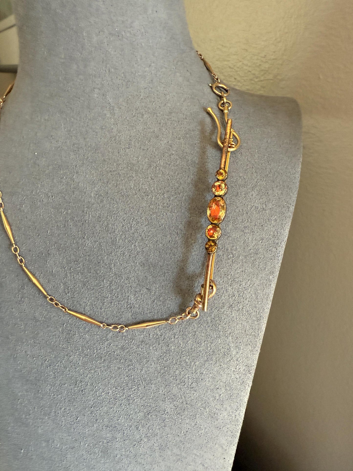 Antique Vinegar and Oil Foiled Citrine Five Stone Bar Line Brooch for Pendant Conversion Extender French Victorian 18k Gold Oval Geometric