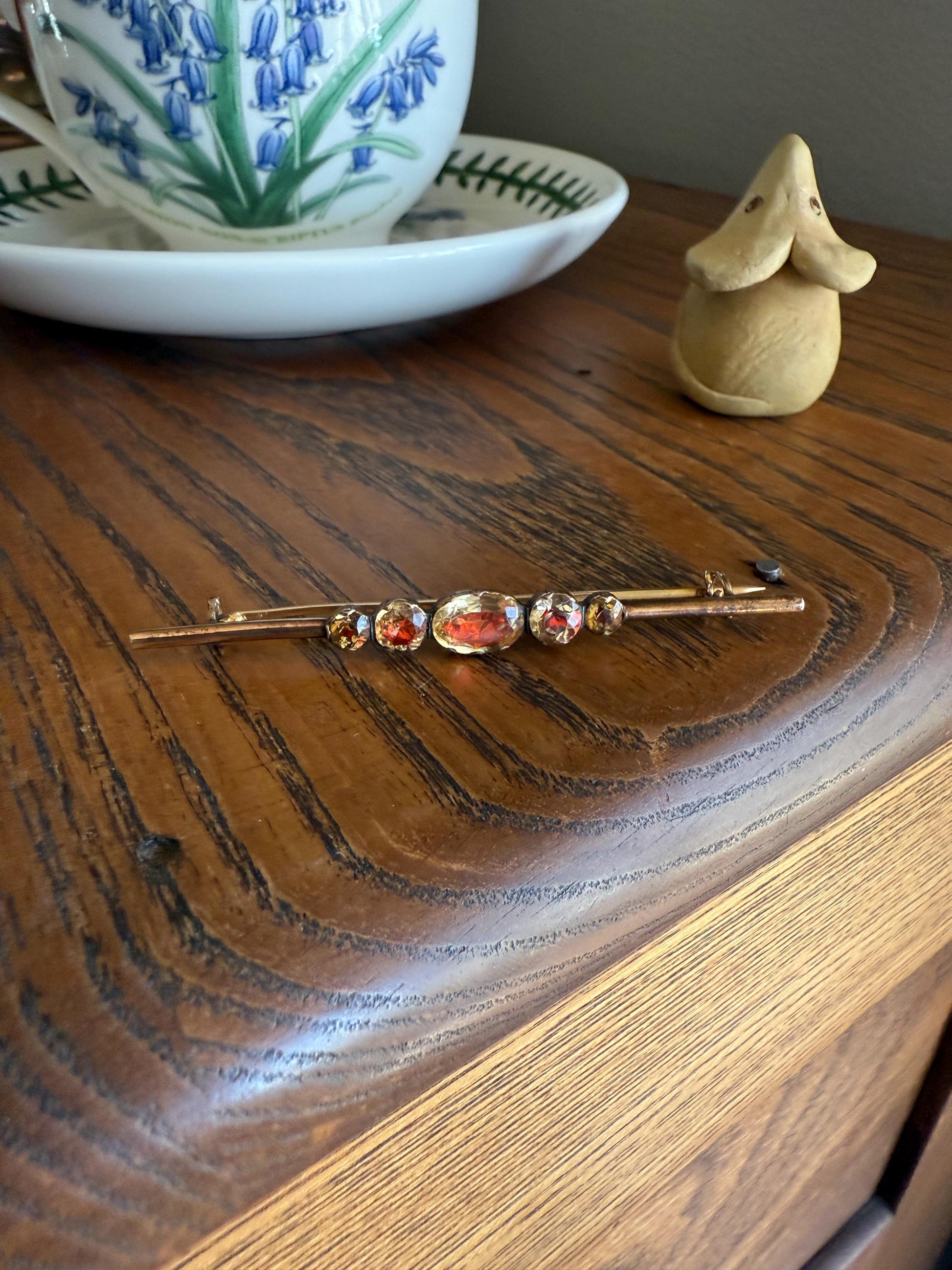 Antique Vinegar and Oil Foiled Citrine Five Stone Bar Line Brooch for Pendant Conversion Extender French Victorian 18k Gold Oval Geometric