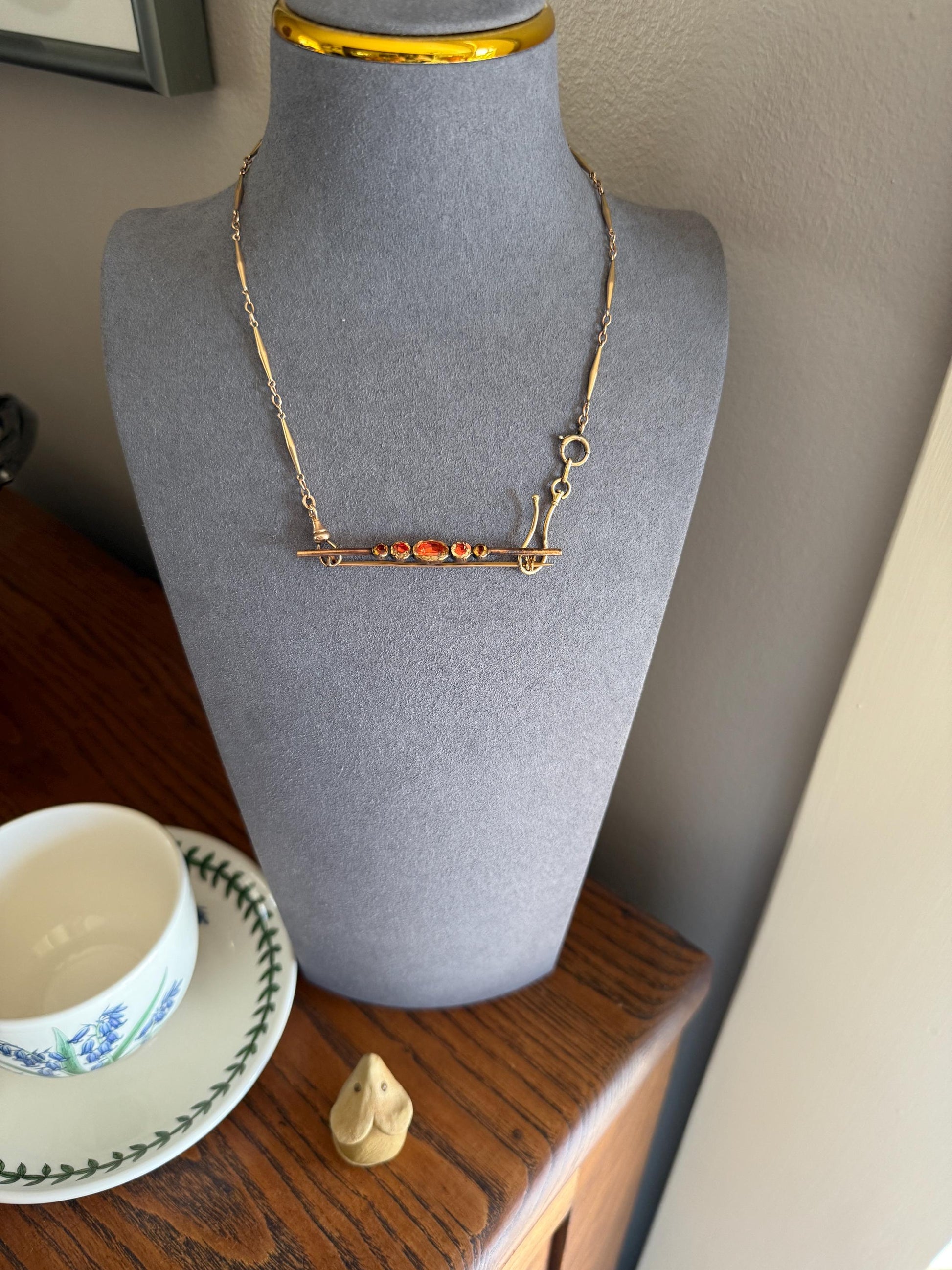 Antique Vinegar and Oil Foiled Citrine Five Stone Bar Line Brooch for Pendant Conversion Extender French Victorian 18k Gold Oval Geometric