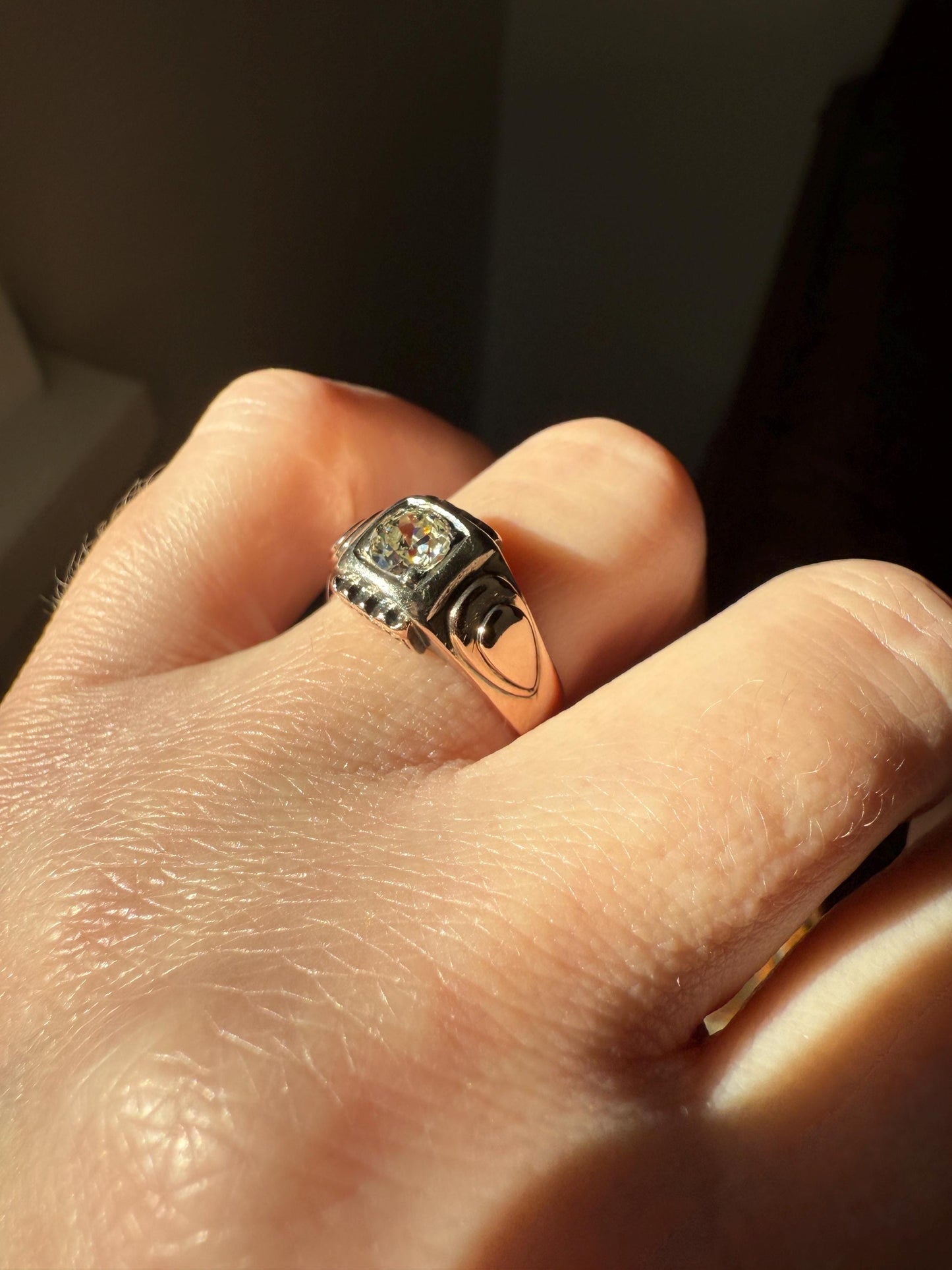 Floral .5 Carat Old Mine Cut Diamond 18k Gold Rosy Antique Solitaire Ring Square Bezel Unique Chunky Engagement Wedding