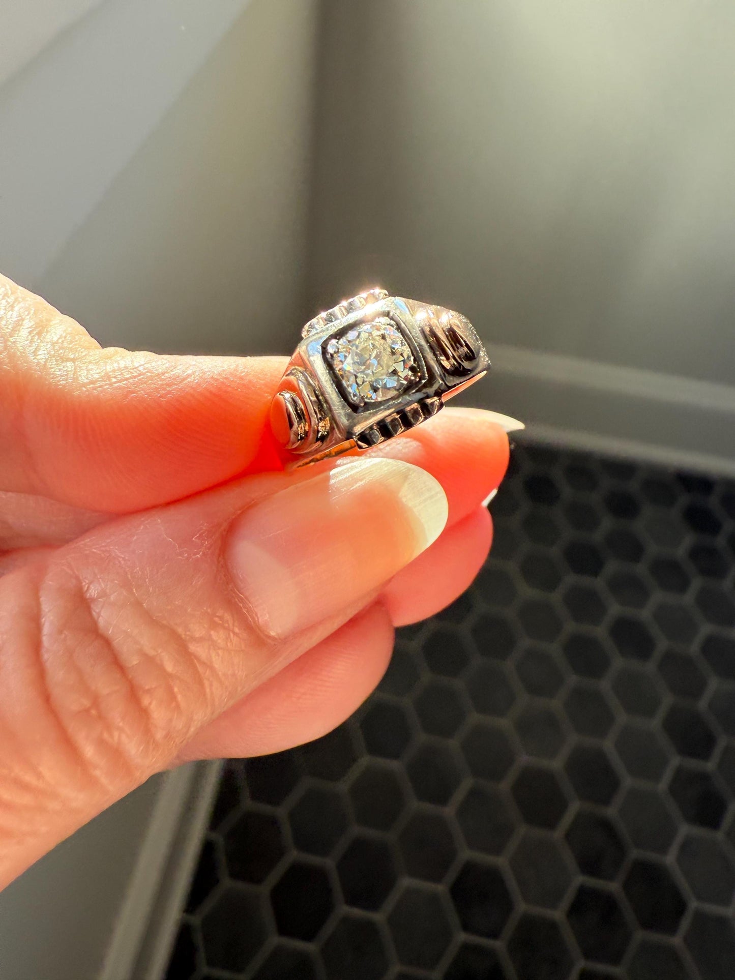 Floral .5 Carat Old Mine Cut Diamond 18k Gold Rosy Antique Solitaire Ring Square Bezel Unique Chunky Engagement Wedding