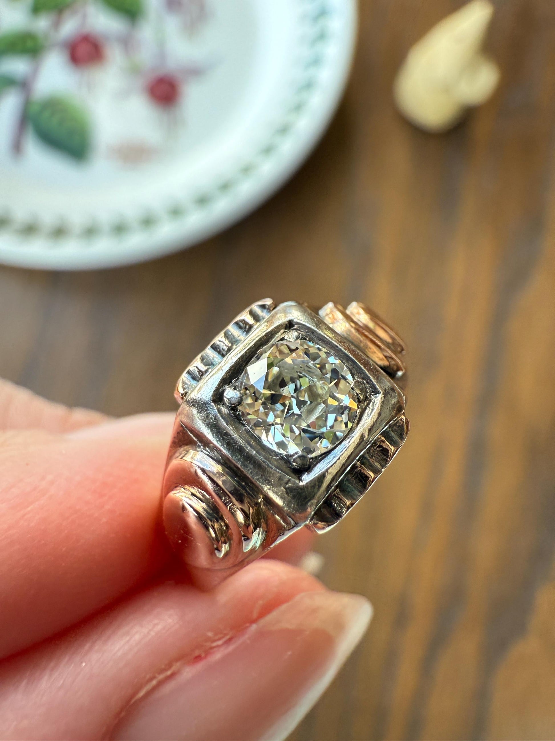 Floral .5 Carat Old Mine Cut Diamond 18k Gold Rosy Antique Solitaire Ring Square Bezel Unique Chunky Engagement Wedding