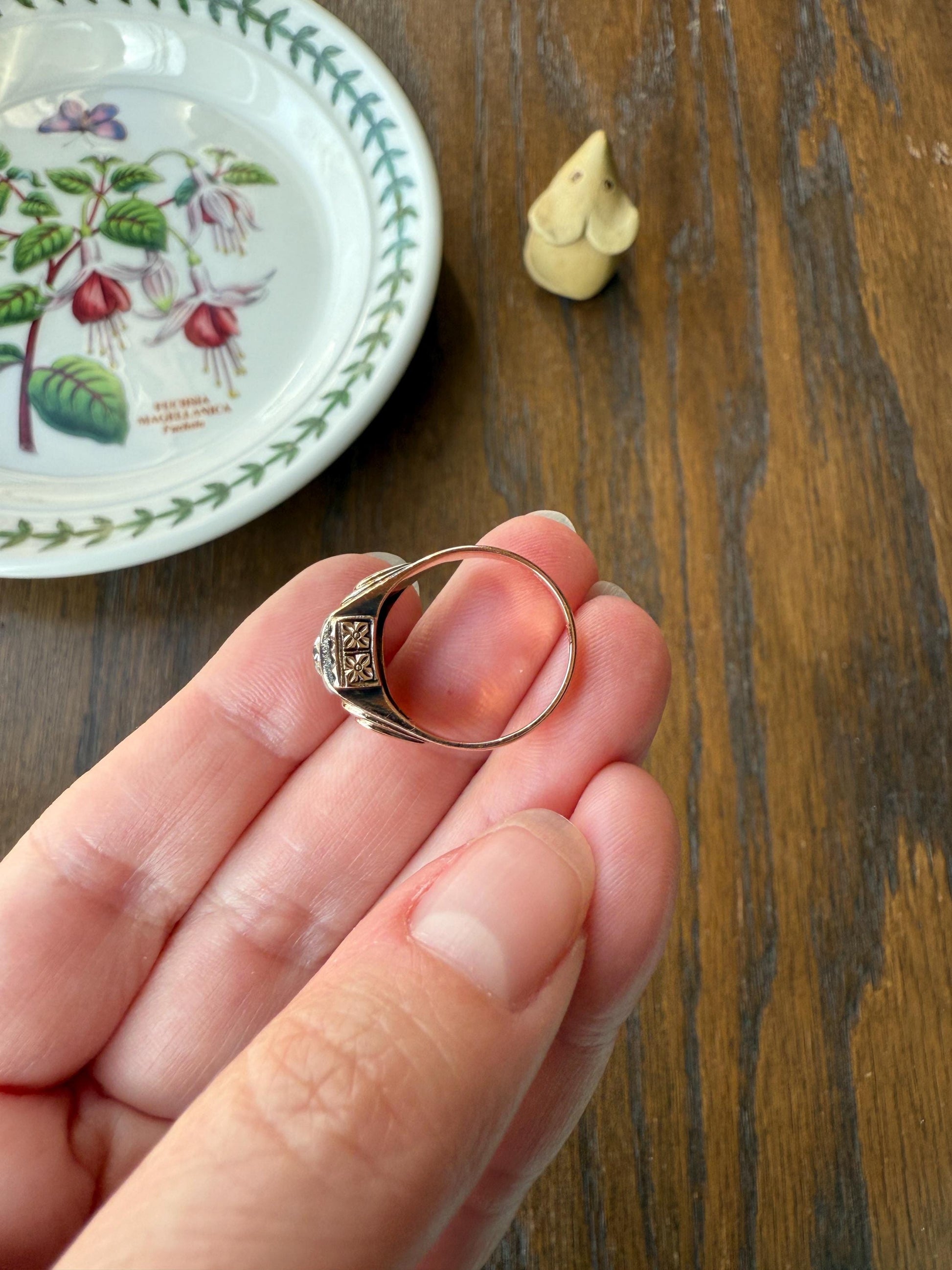 Floral .5 Carat Old Mine Cut Diamond 18k Gold Rosy Antique Solitaire Ring Square Bezel Unique Chunky Engagement Wedding