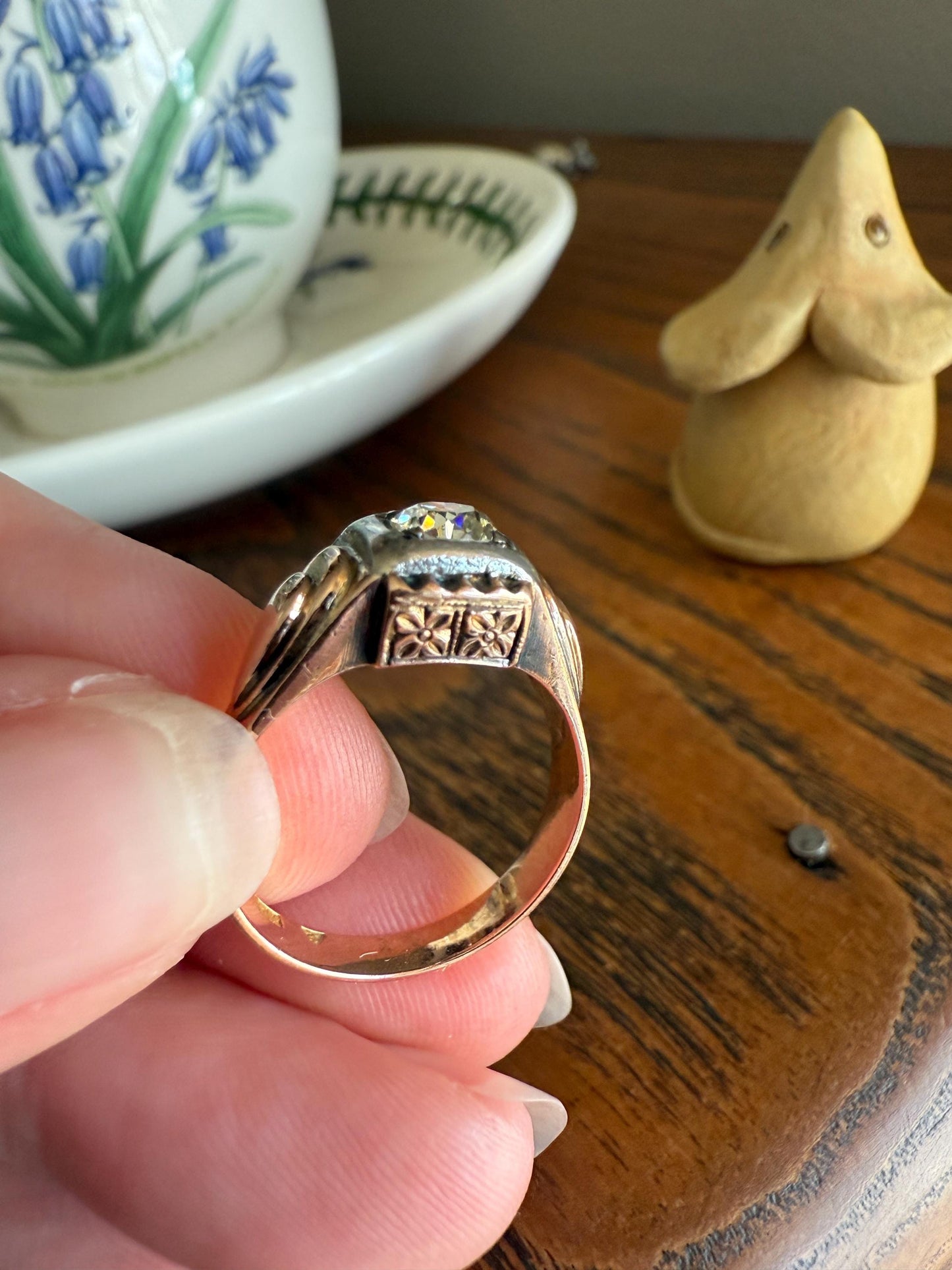 Floral .5 Carat Old Mine Cut Diamond 18k Gold Rosy Antique Solitaire Ring Square Bezel Unique Chunky Engagement Wedding