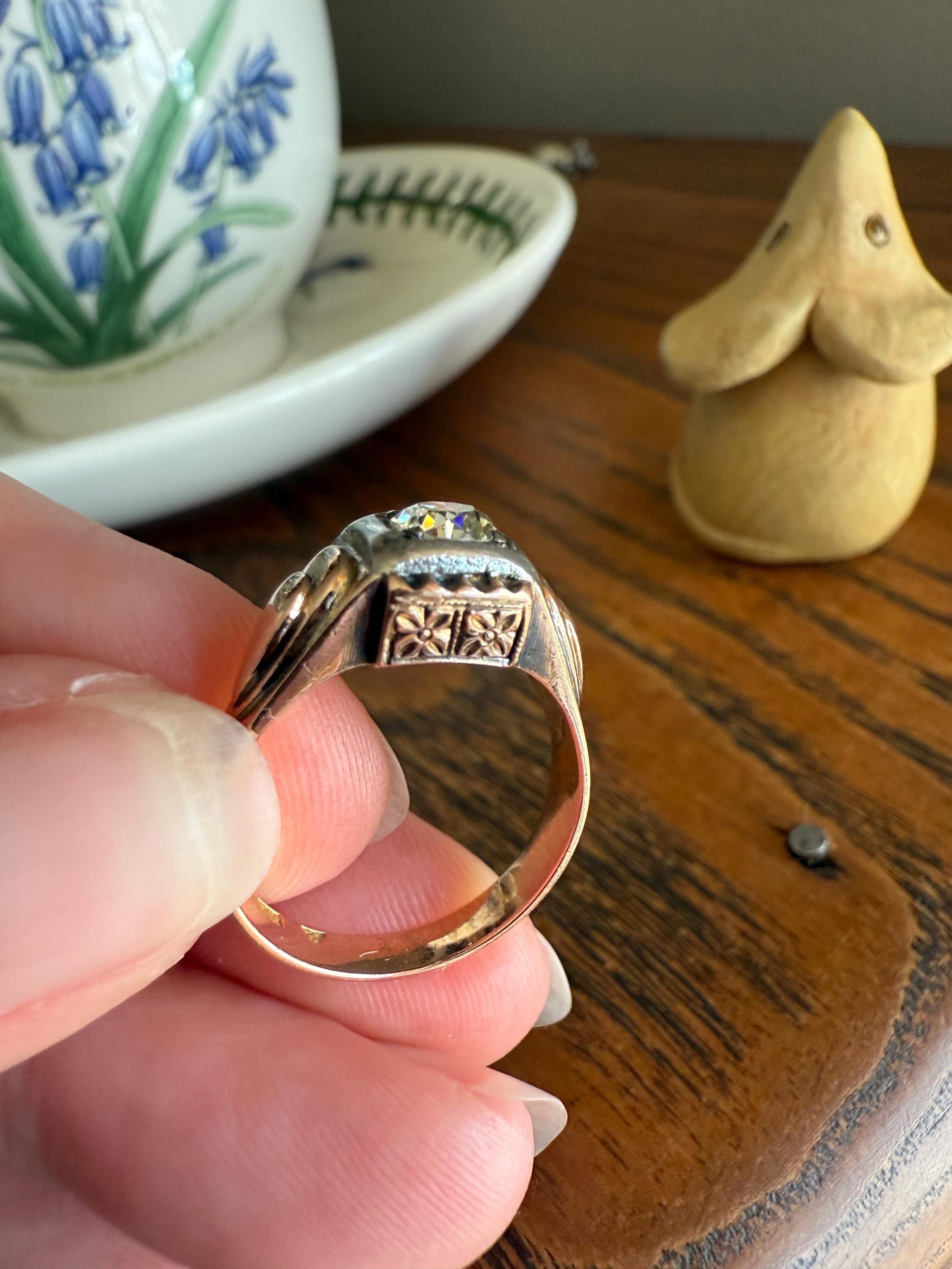 Floral .5 Carat Old Mine Cut Diamond 18k Gold Rosy Antique Solitaire Ring Square Bezel Unique Chunky Engagement Wedding