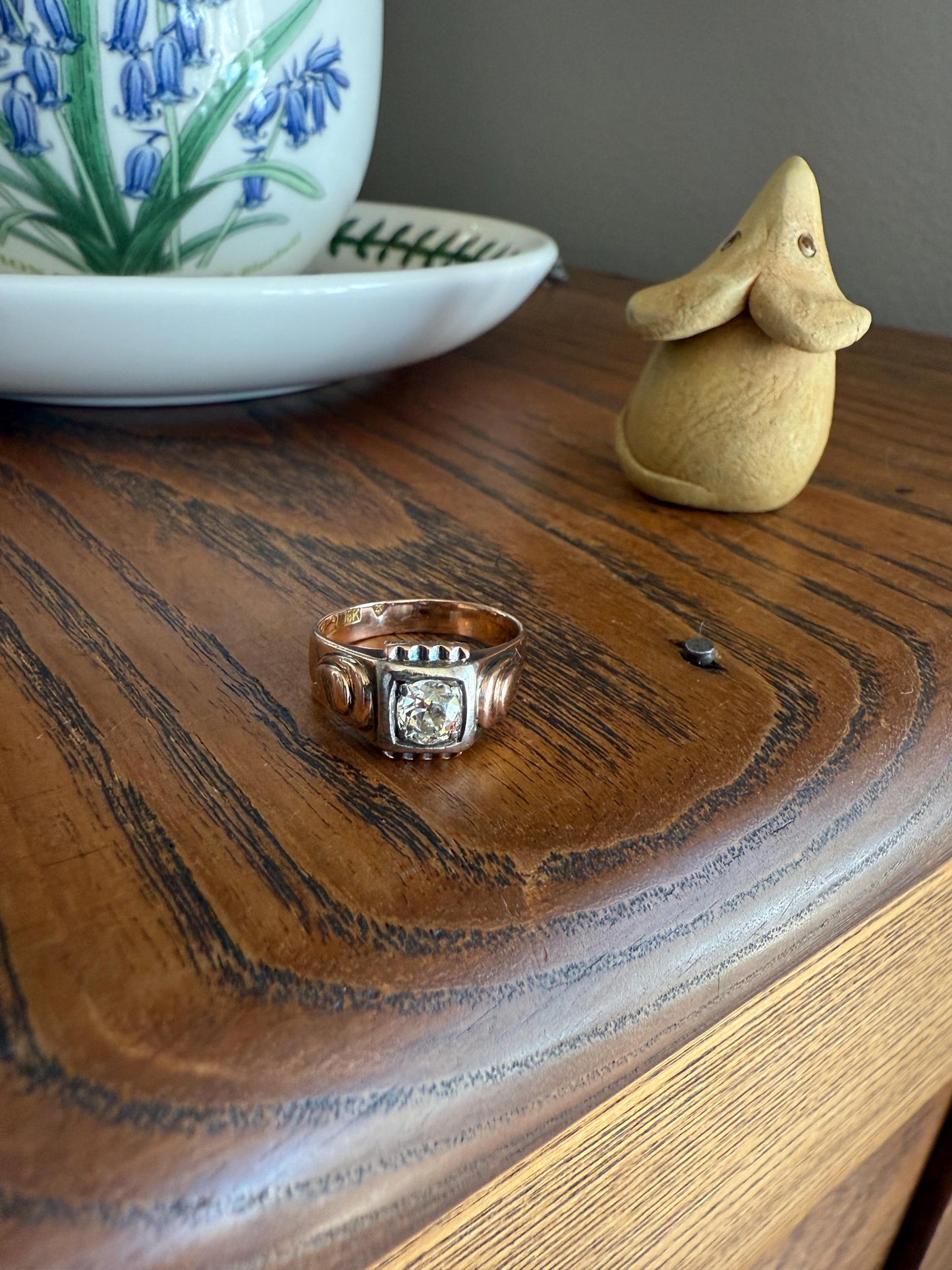 Floral .5 Carat Old Mine Cut Diamond 18k Gold Rosy Antique Solitaire Ring Square Bezel Unique Chunky Engagement Wedding