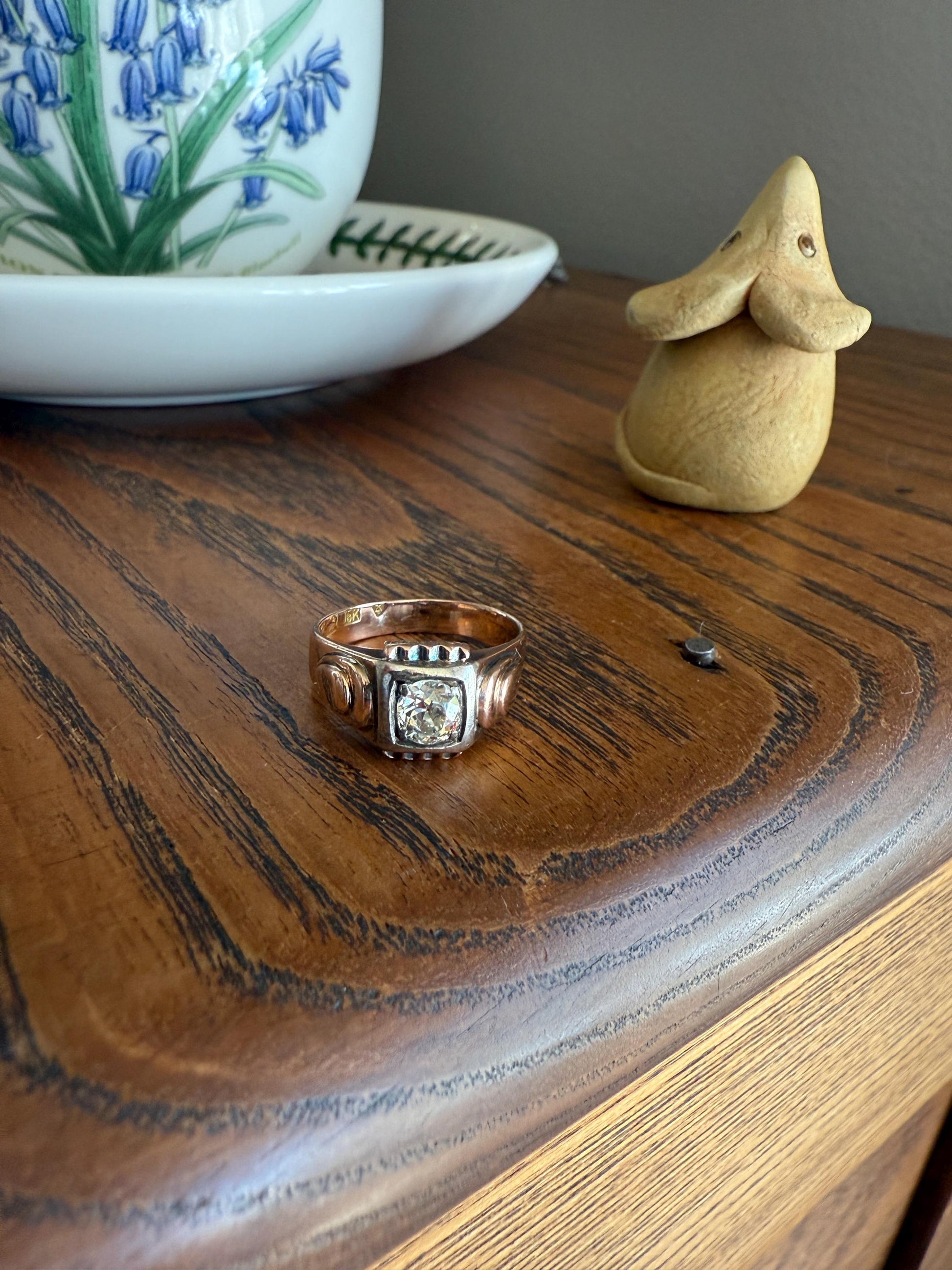 Floral .5 Carat Old Mine Cut Diamond 18k Gold Rosy Antique Solitaire Ring Square Bezel Unique Chunky Engagement Wedding