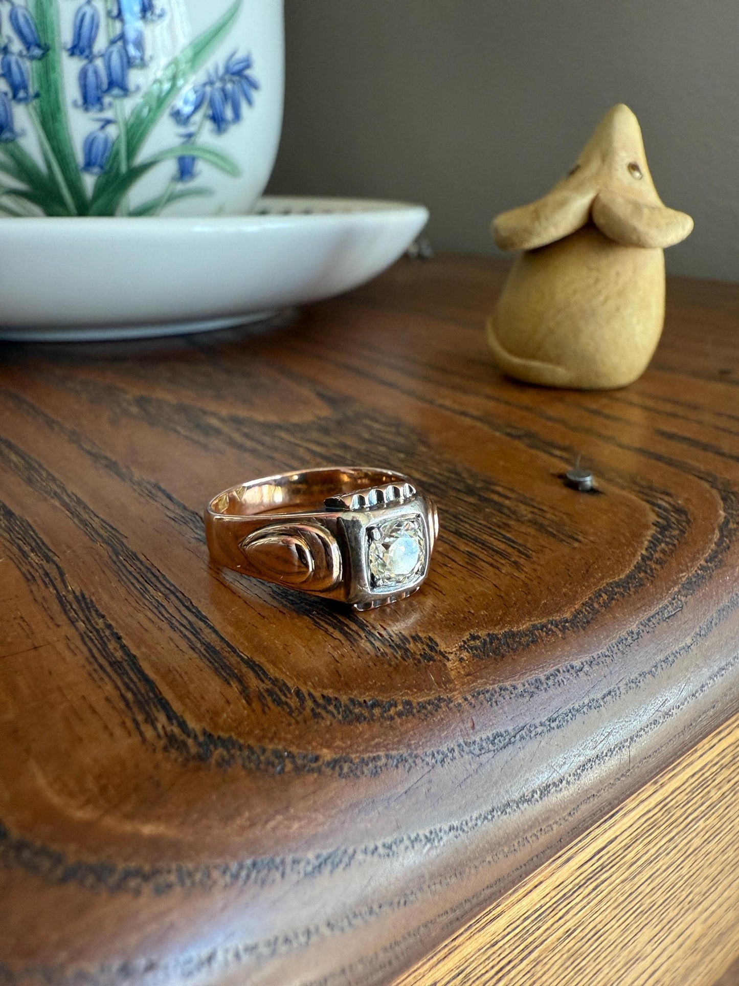 Floral .5 Carat Old Mine Cut Diamond 18k Gold Rosy Antique Solitaire Ring Square Bezel Unique Chunky Engagement Wedding