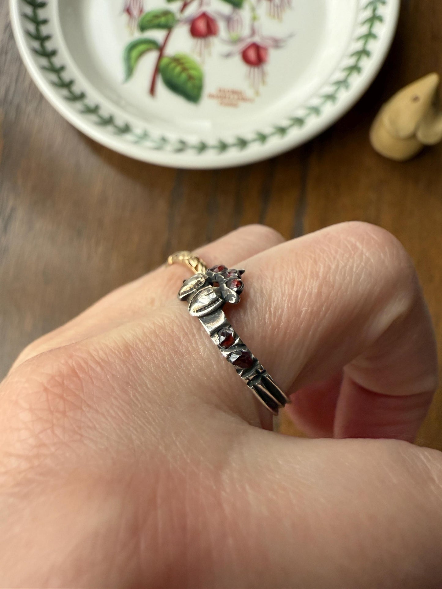 Duchess Anne Victorian Antique Crowned Two Hearts Garnets French Betrothal Ring Solid Silver Figural Traditional Engagement Unique Stacker