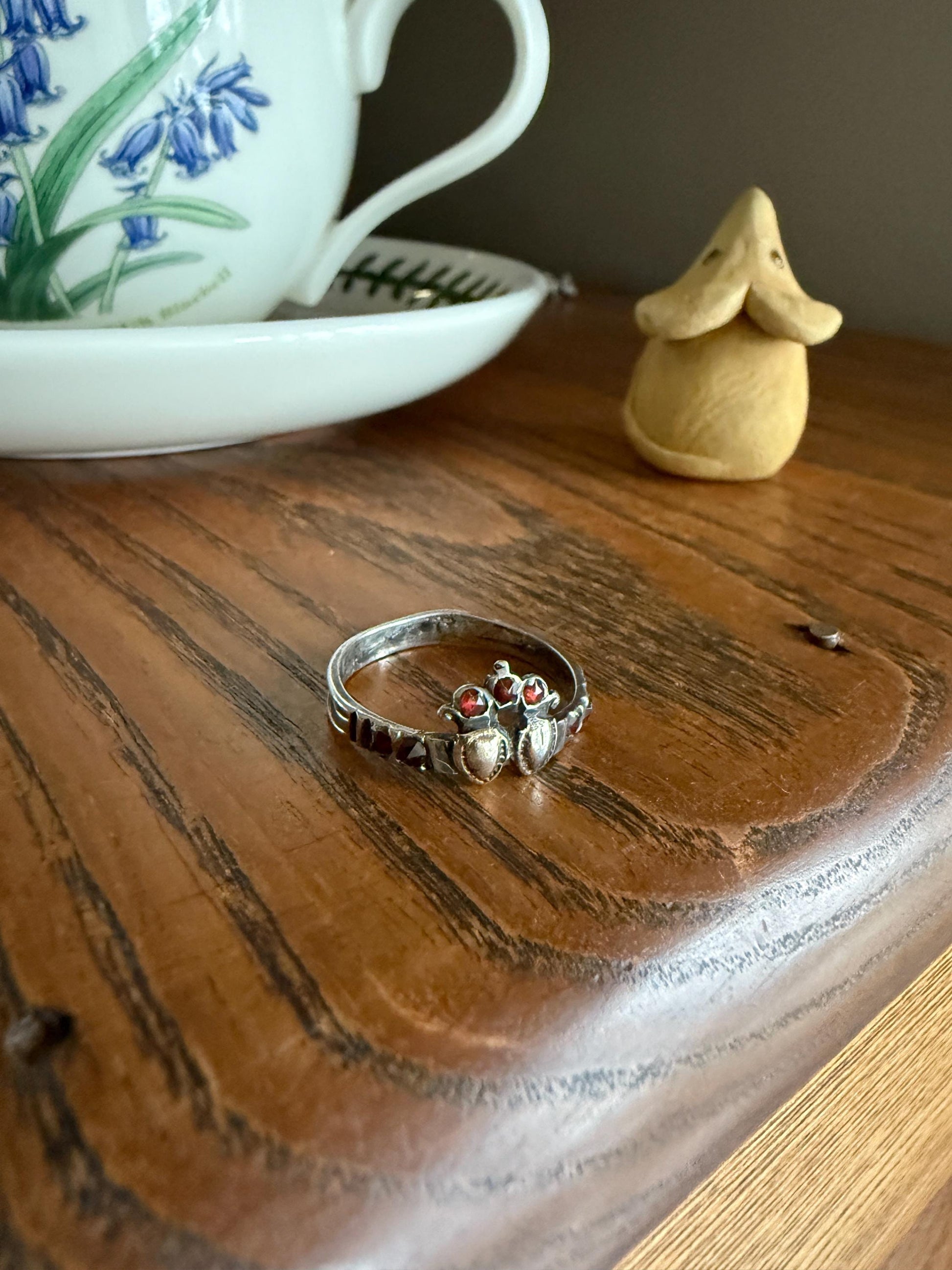 Duchess Anne Victorian Antique Crowned Two Hearts Garnets French Betrothal Ring Solid Silver Figural Traditional Engagement Unique Stacker