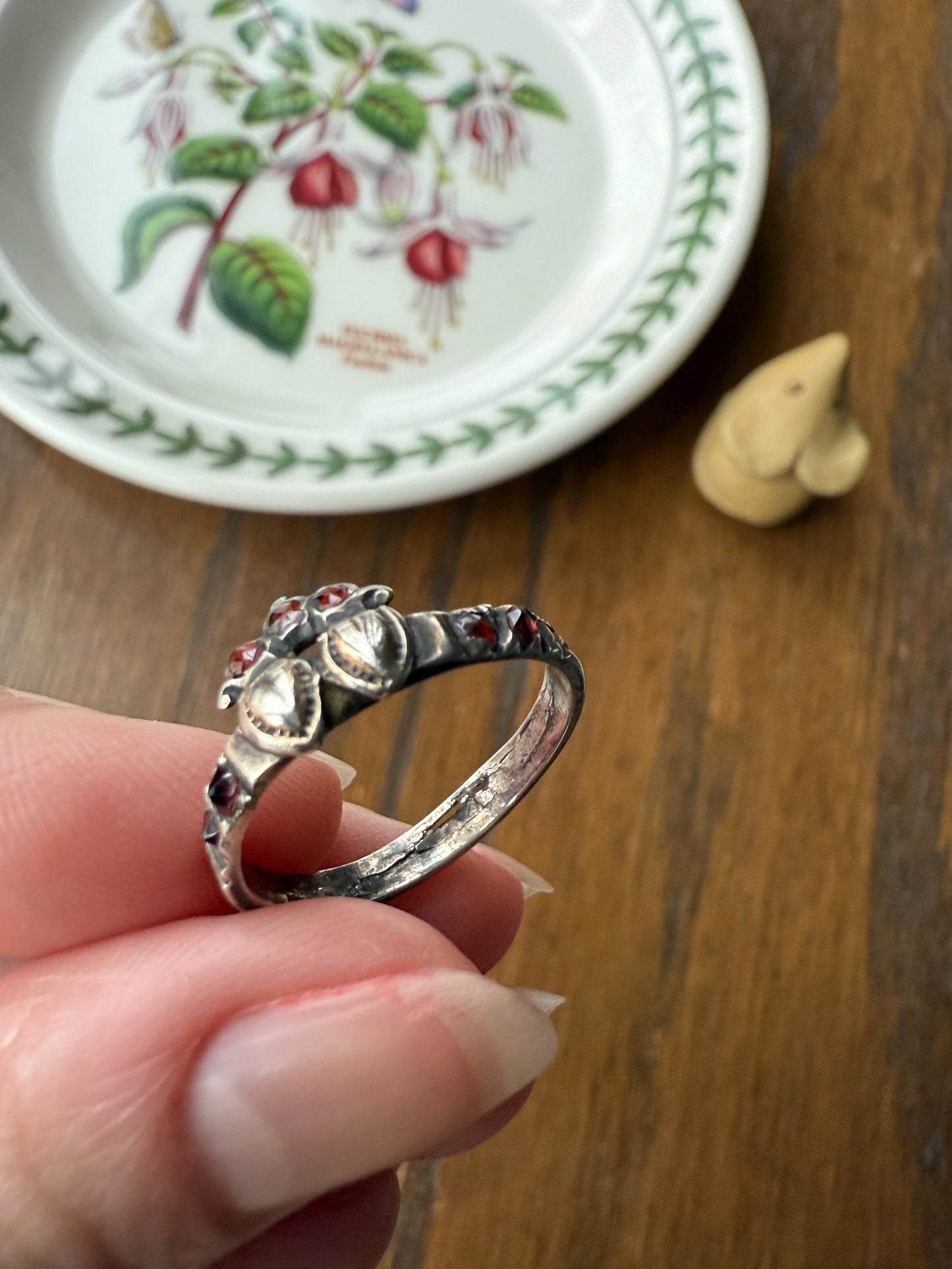 Duchess Anne Victorian Antique Crowned Two Hearts Garnets French Betrothal Ring Solid Silver Figural Traditional Engagement Unique Stacker