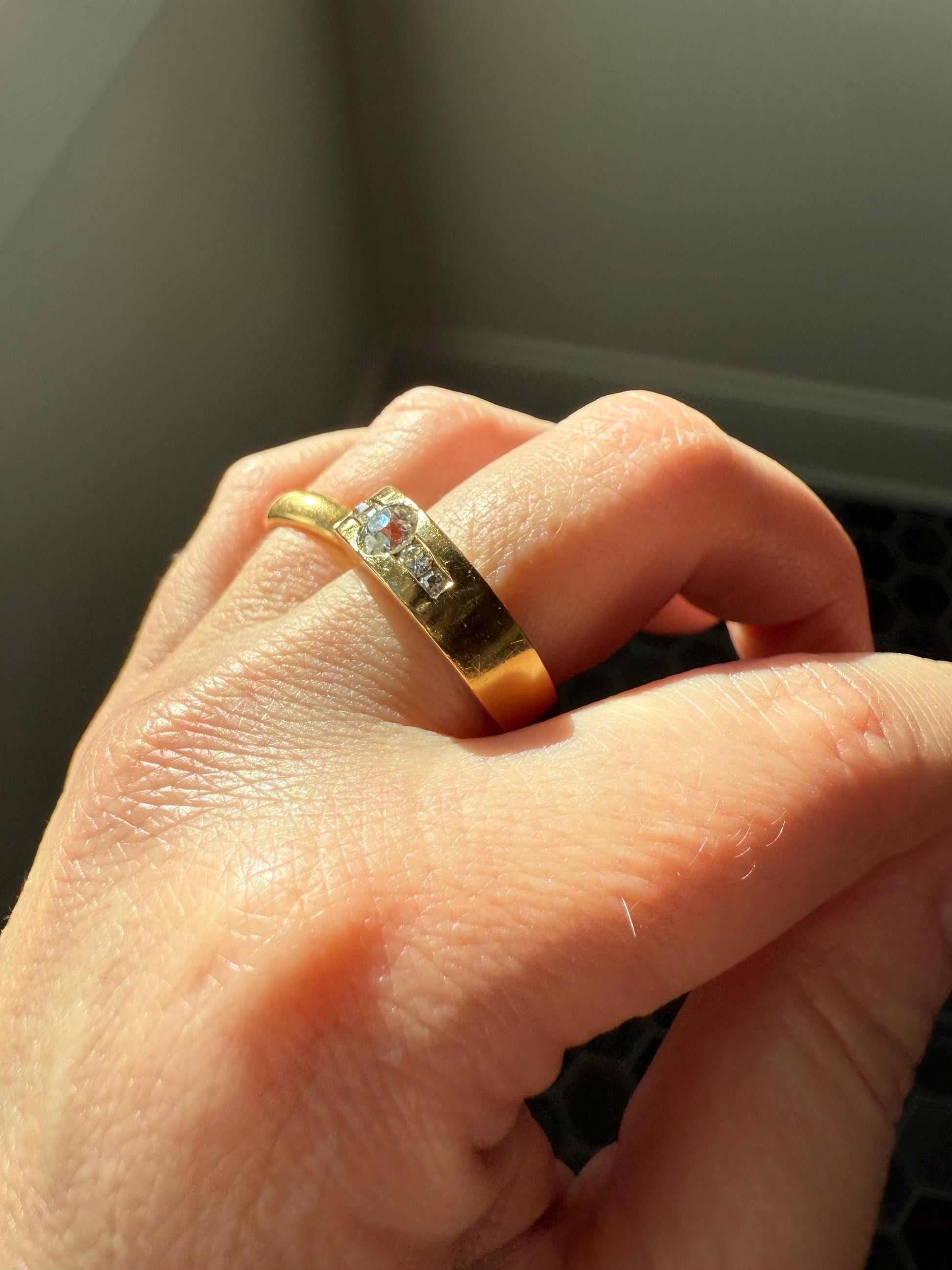 Chunky Unisex Eye Clean .9 Carat Ctw Old Mine Cut DIAMOND Cigar Band Heavy 8.2g 18k Gold Gypsy Ring Stacker Five Stone Vintage to Antique