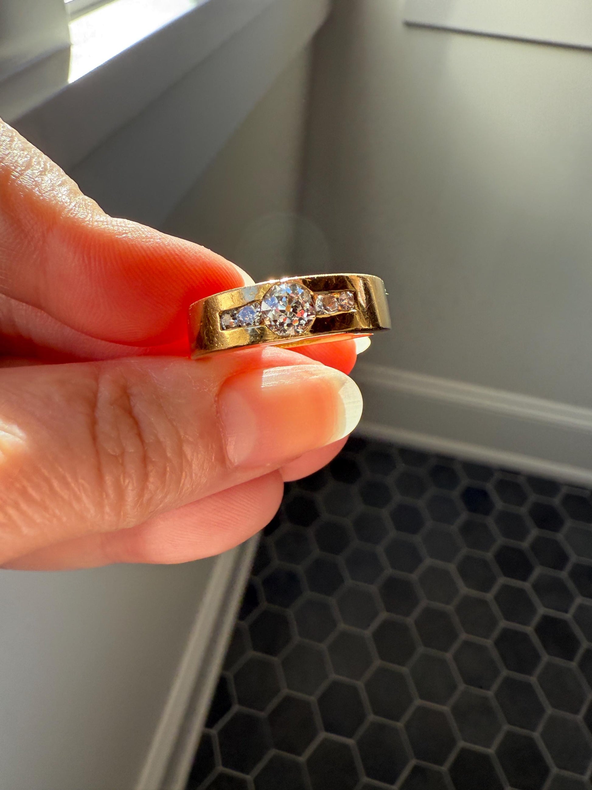 Chunky Unisex Eye Clean .9 Carat Ctw Old Mine Cut DIAMOND Cigar Band Heavy 8.2g 18k Gold Gypsy Ring Stacker Five Stone Vintage to Antique