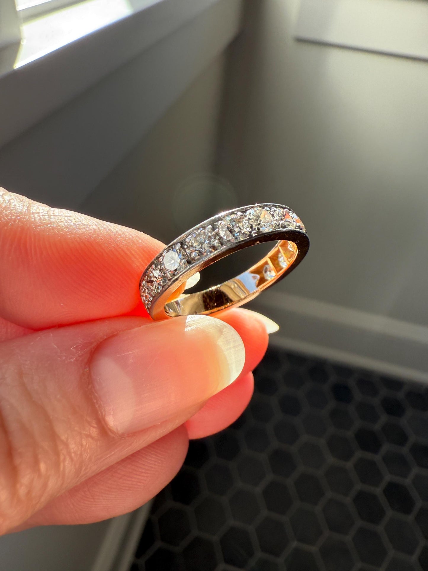 French Vintage Almost Eternity 1.8 Carat Transitional Cut Diamond Wedding Cigar Band Ring 3/4 Hoop 18k Gold Platinum Stacker Half Hoop