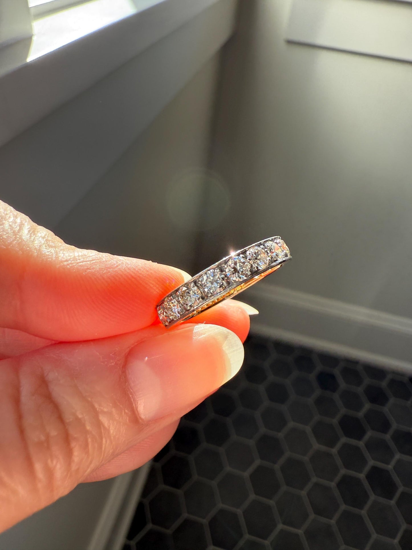 French Vintage Almost Eternity 1.8 Carat Transitional Cut Diamond Wedding Cigar Band Ring 3/4 Hoop 18k Gold Platinum Stacker Half Hoop
