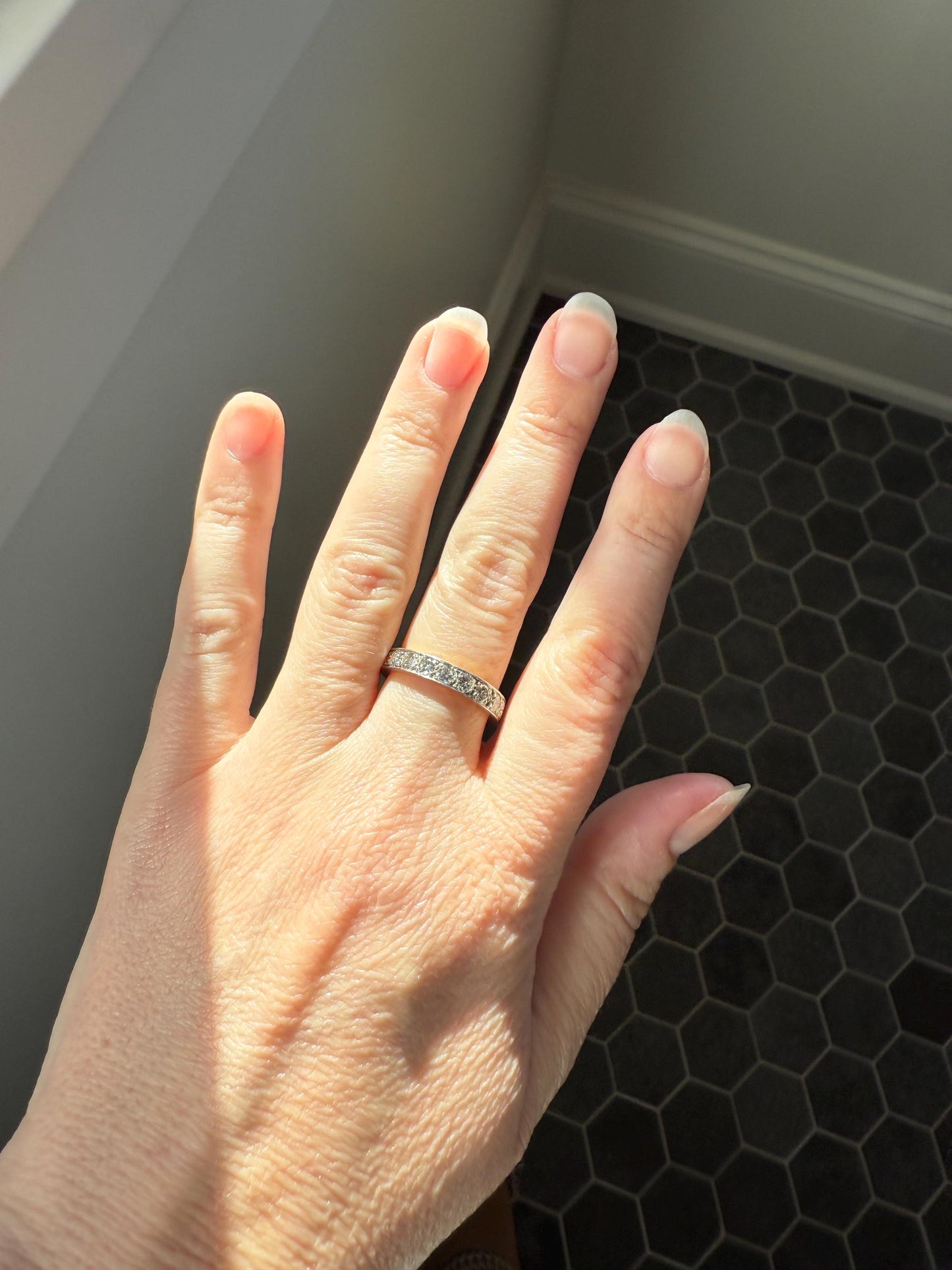 French Vintage Almost Eternity 1.8 Carat Transitional Cut Diamond Wedding Cigar Band Ring 3/4 Hoop 18k Gold Platinum Stacker Half Hoop