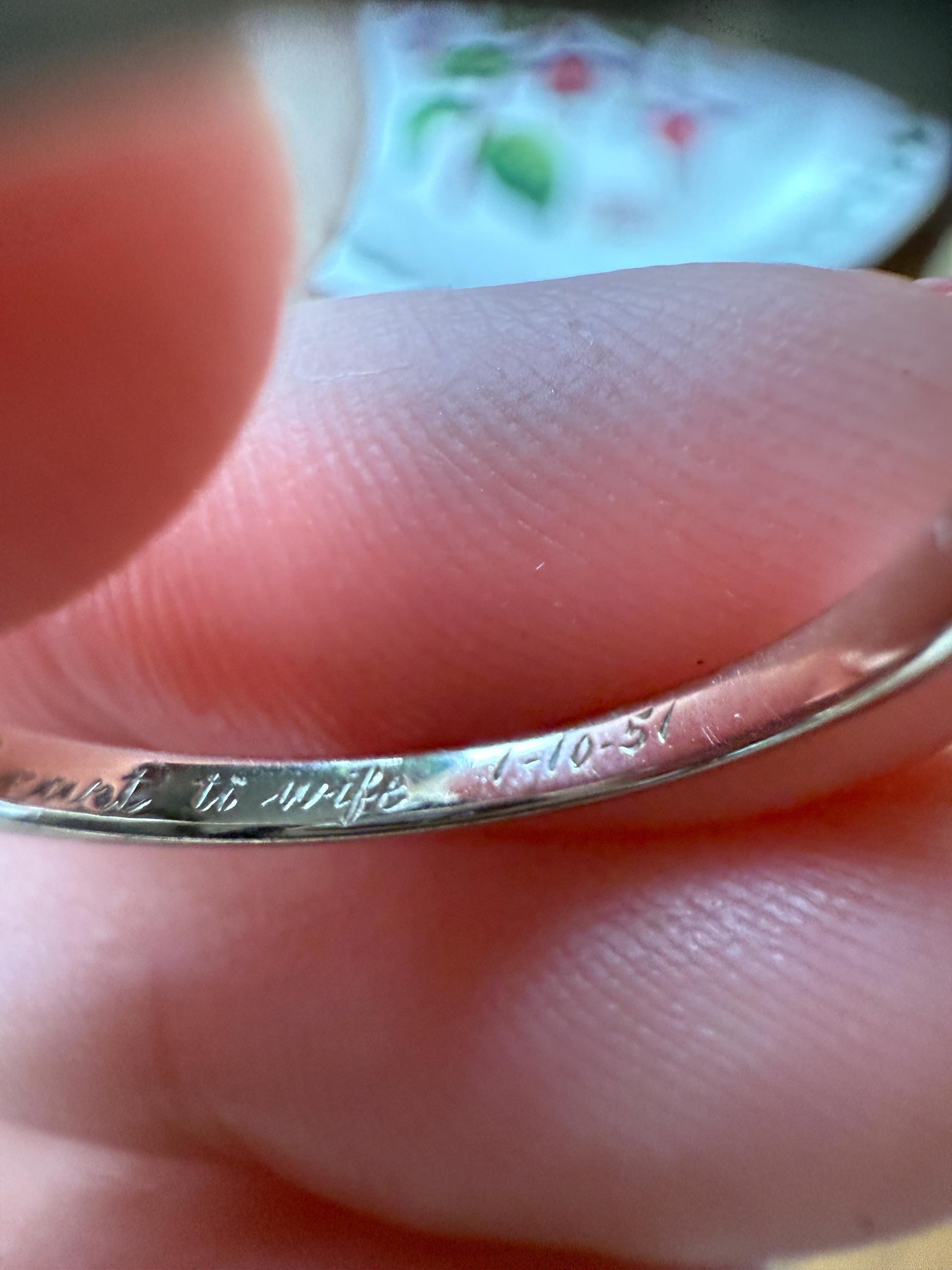 DATED "Sweetheart to Wife" Vintage Wedding Band 18k White Gold January 10, 1951 Skinny Stacker Ring Romantic Posey Poesy Shreve Crump Low