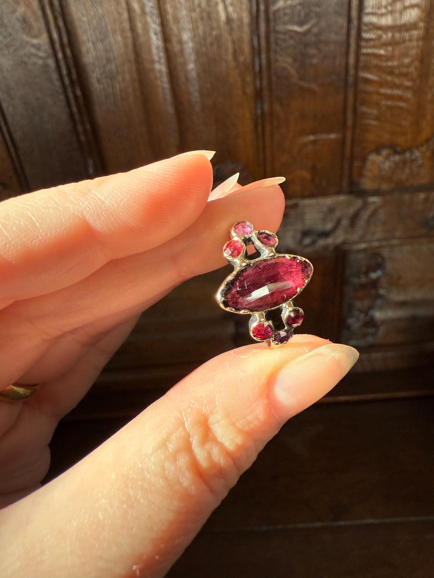 Victorian Perpignan Rose Cut GARNET French Seven Stone Ring Marquise & Round Betrothal Band 18k Gold Antique Period Hallmark Juicy Glow Red