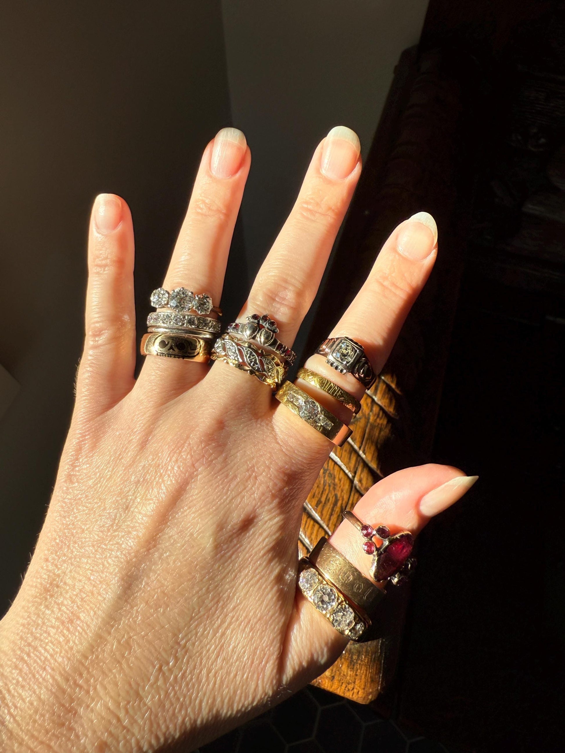 Victorian Perpignan Rose Cut GARNET French Seven Stone Ring Marquise & Round Betrothal Band 18k Gold Antique Period Hallmark Juicy Glow Red